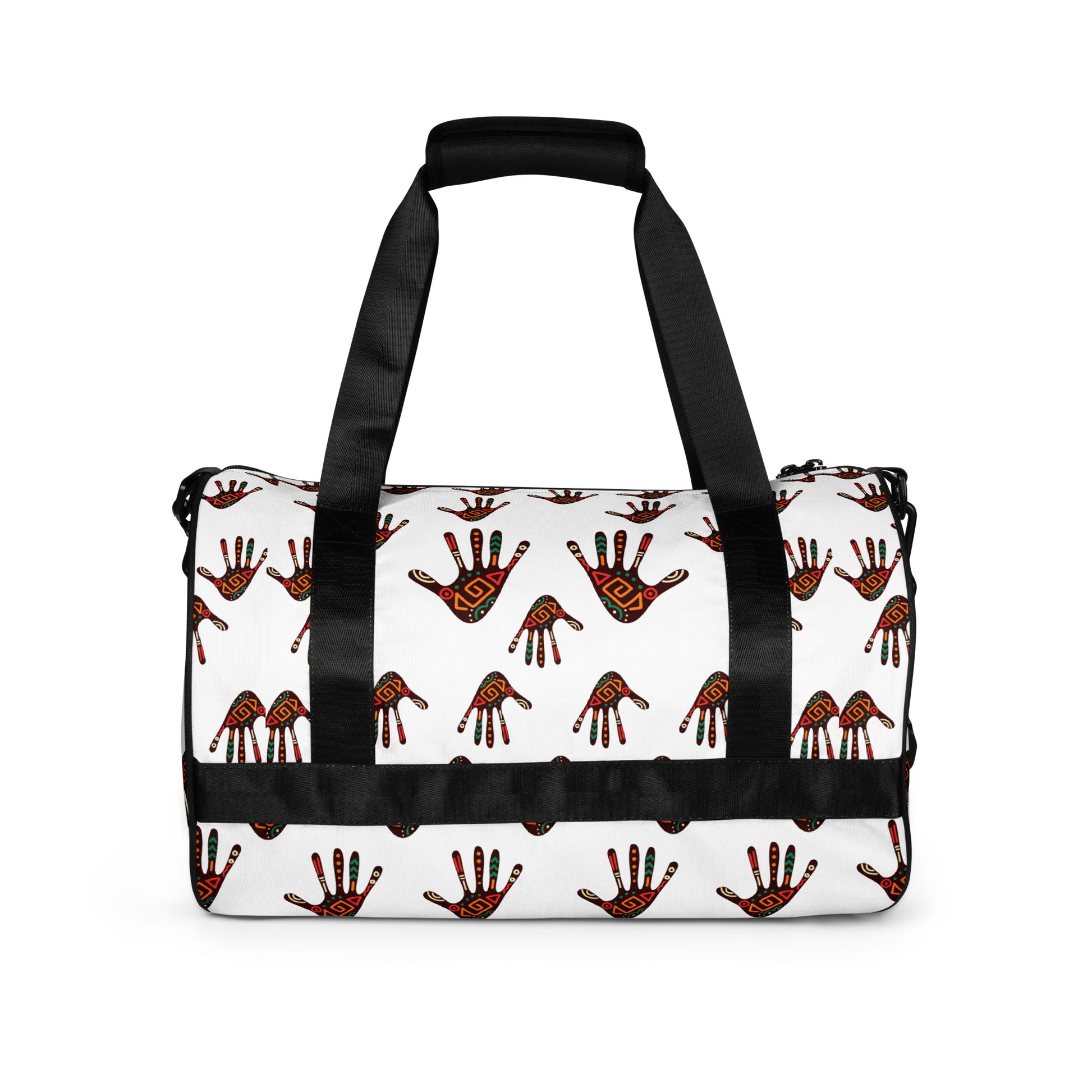 Side view of Duro Tribal Palm Print Overnight Gym Bag with dual small carrier handles strapped together and upwards