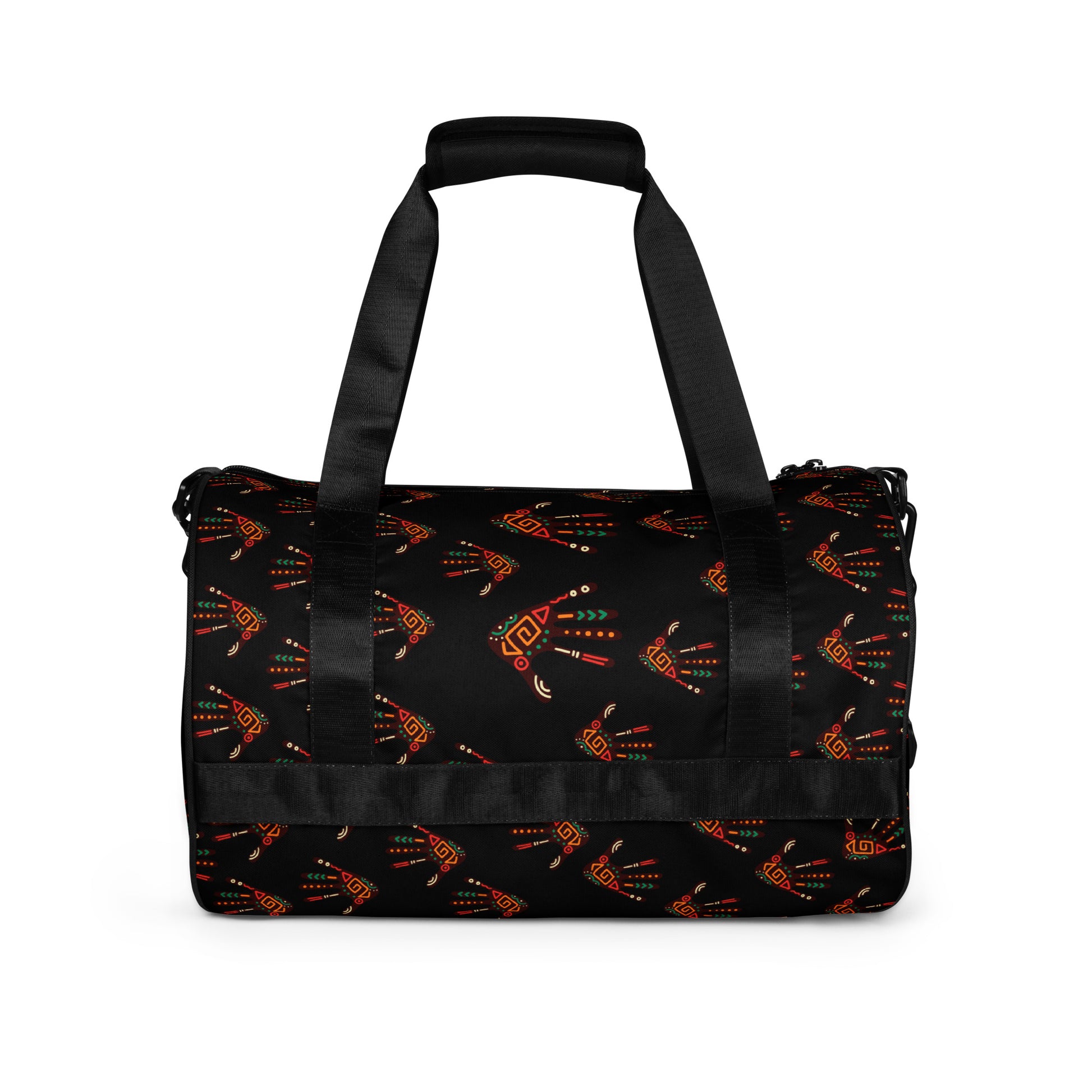 Side view of Duro Midnight Tribal Palm Print Overnight Gym Bag with dual small carrier handles strapped together and upwards