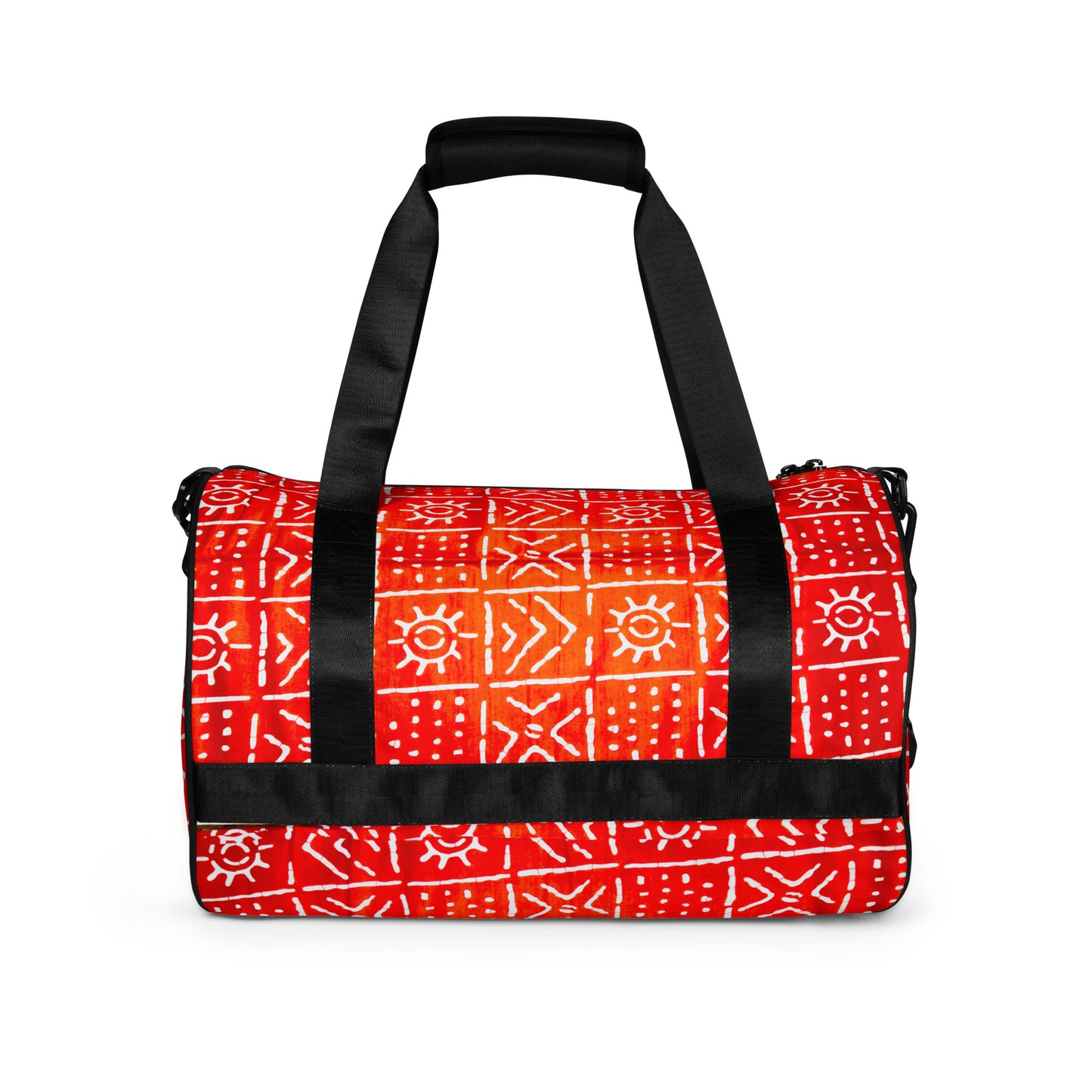 Front view of Aquila Print Overnight Gym Bag showing the dual small carriers strapped up, while the longer single strap is dropped down and along the front of the bag. 
