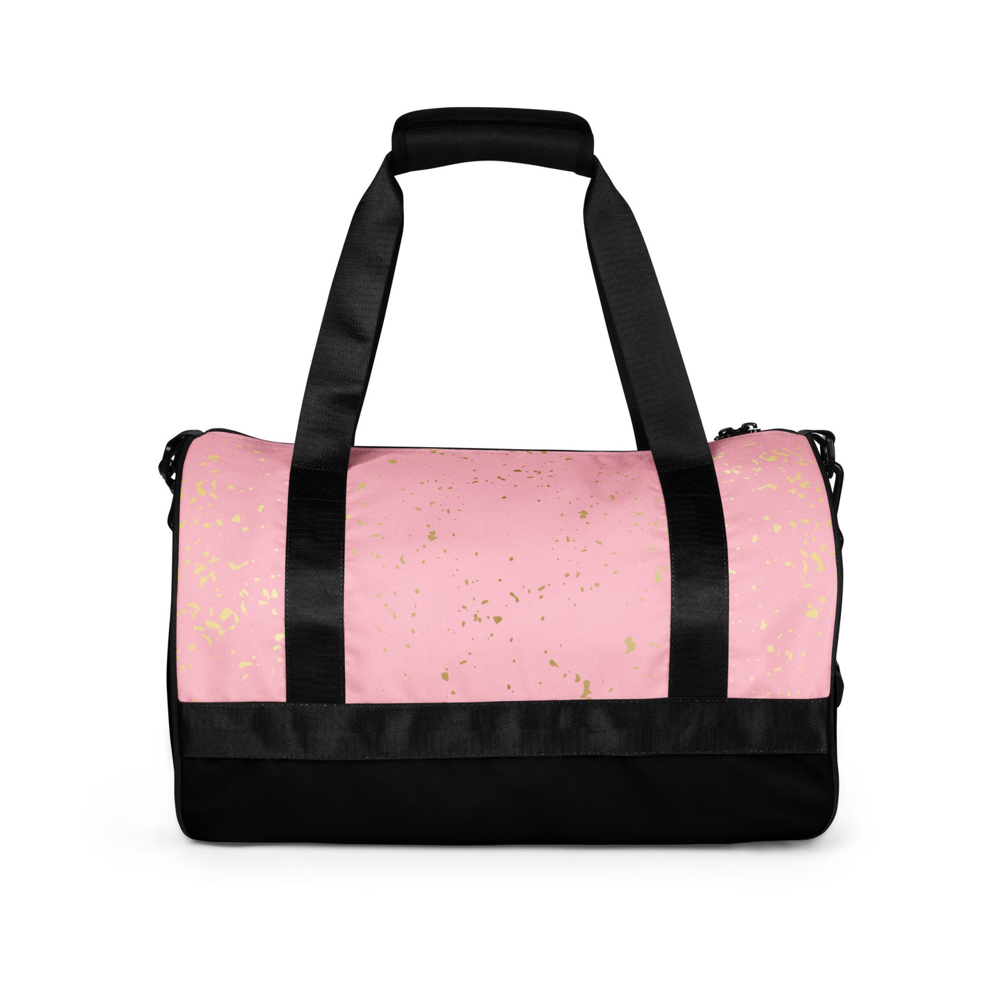 Back view of the black Agojie Topaz Overnight Gym Bag, highlighting gold flecked pattern on pretty pink background; contrasted by black straps and bottom