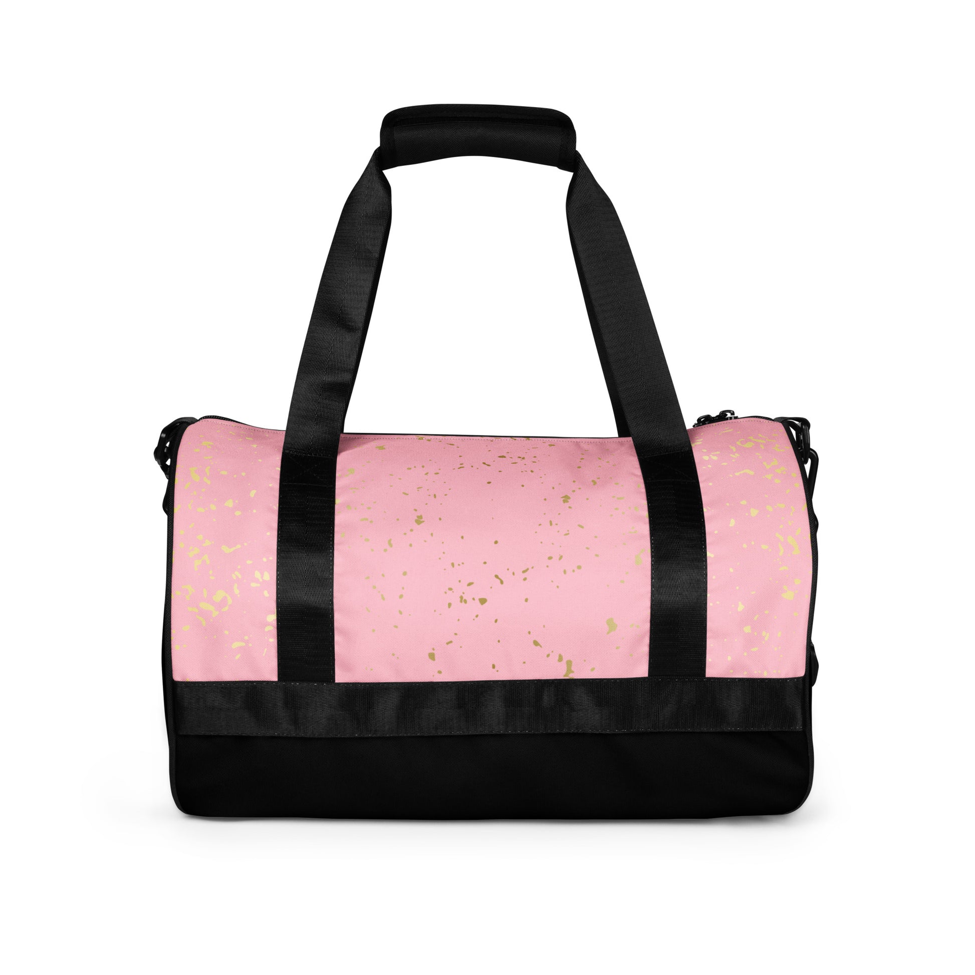 Back view of the black Agojie Topaz Overnight Gym Bag, highlighting gold flecked pattern on pretty pink background; contrasted by black straps and bottom