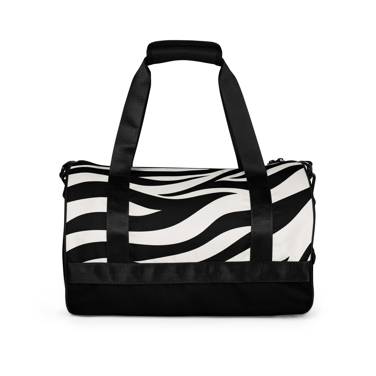 Back view of the black Agojie Zebra  Overnight Gym Bag highlighting the magnificent Zebra print pattern