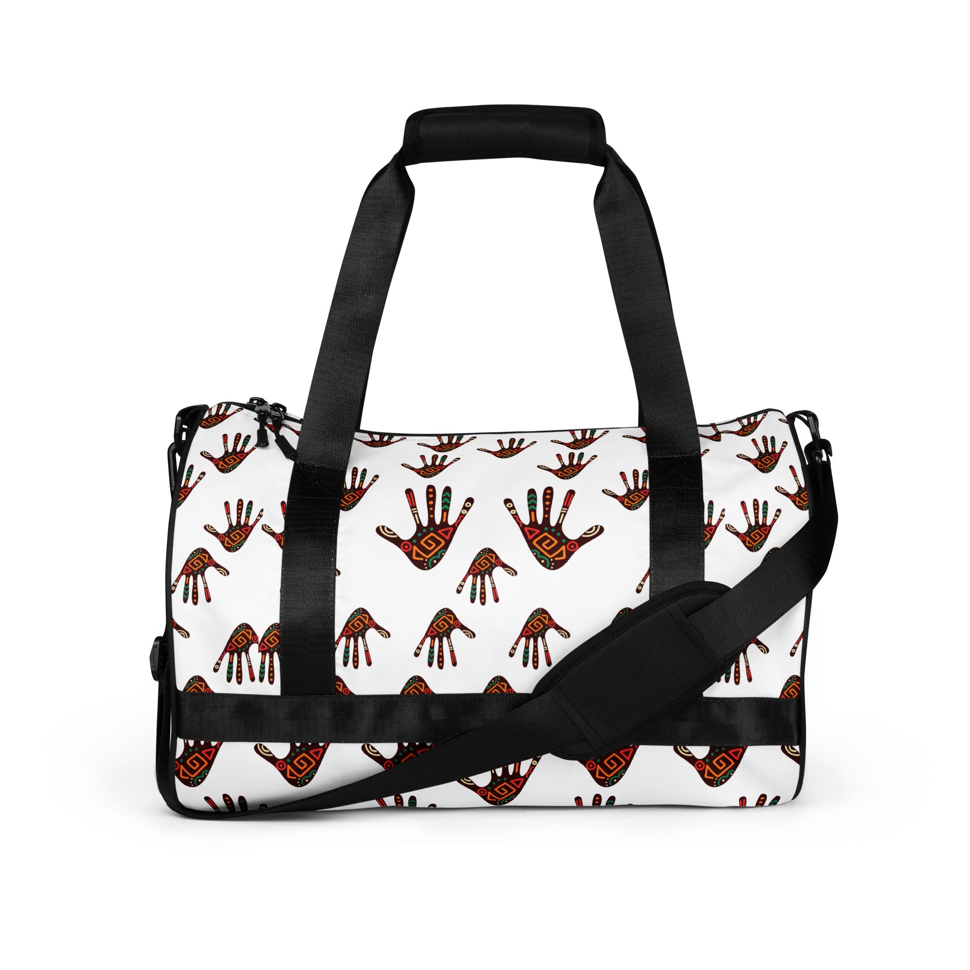 Sideview of Duro Overnight Gym Bag showcasing the multicolour tribal palm print design on a white background, padded adjustable black straps, and a black zipper.