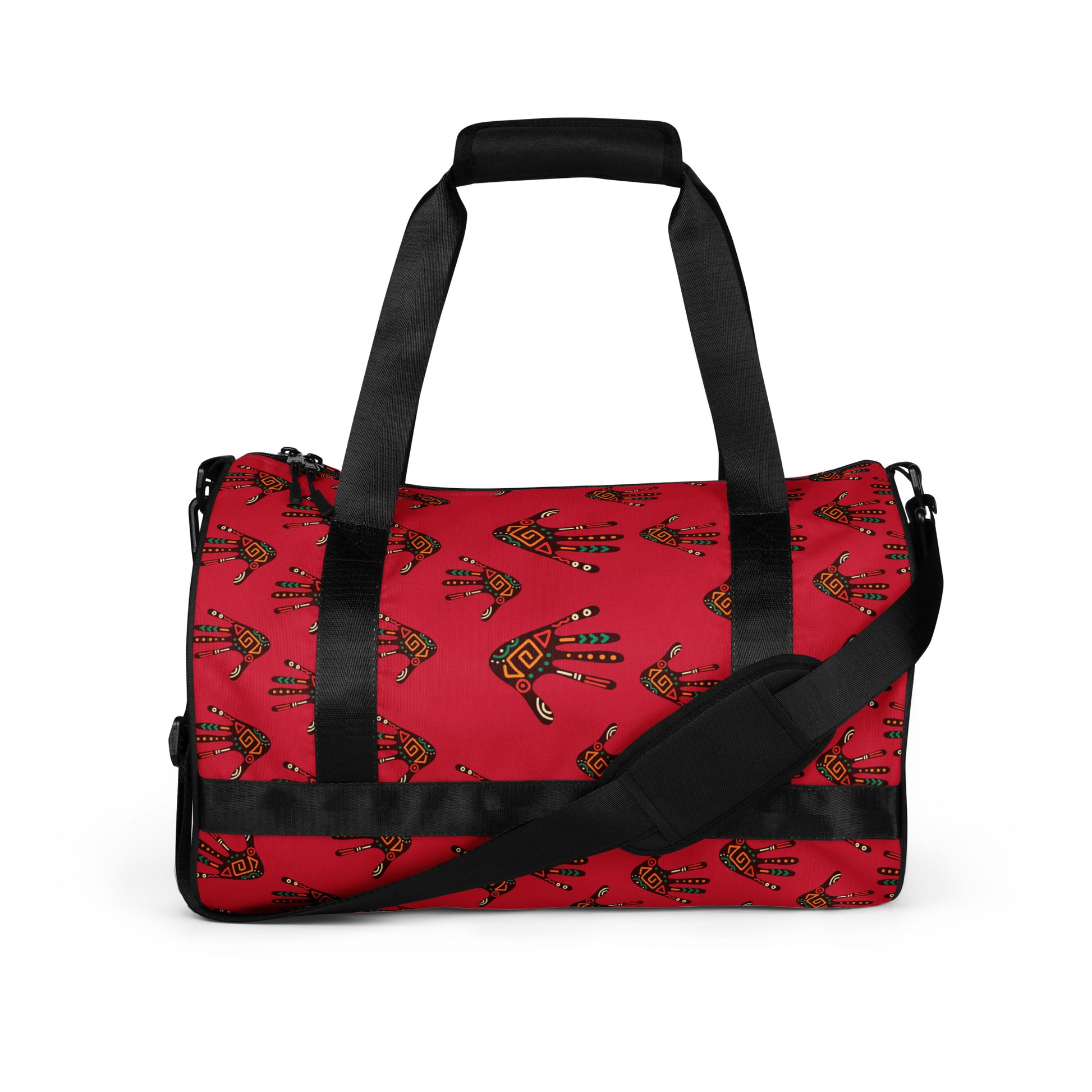 Front view of Duro Tribal Palm Print Overnight Gym Bag showing the dual small carriers strapped up, while the longer single strap is dropped down and along the front of the bag. 