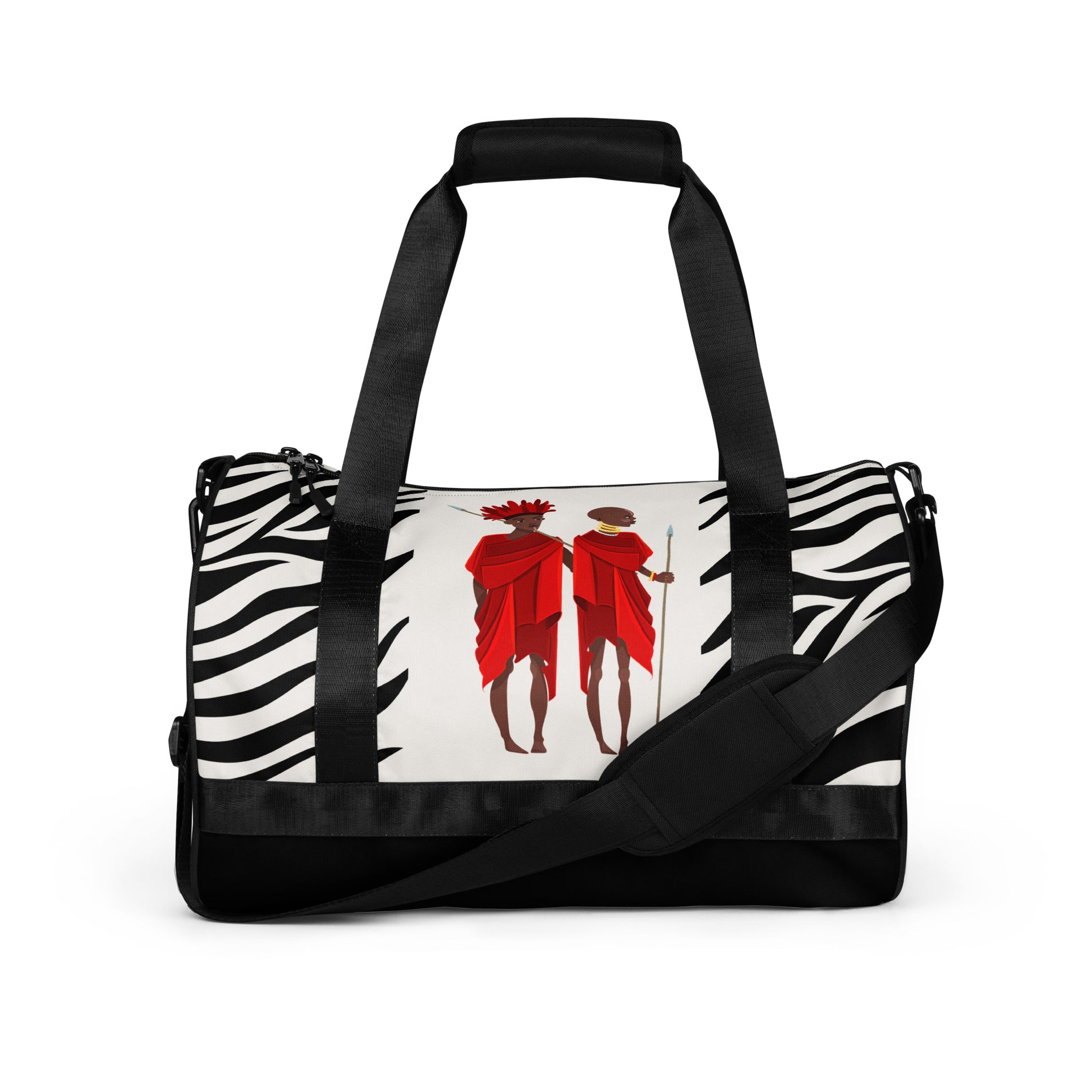 Front view of the black Agojie Zebra print Gym Overnight Bag showcasing the vibrant Zebra print and custom Sahara warriors clothed in red wrappers.