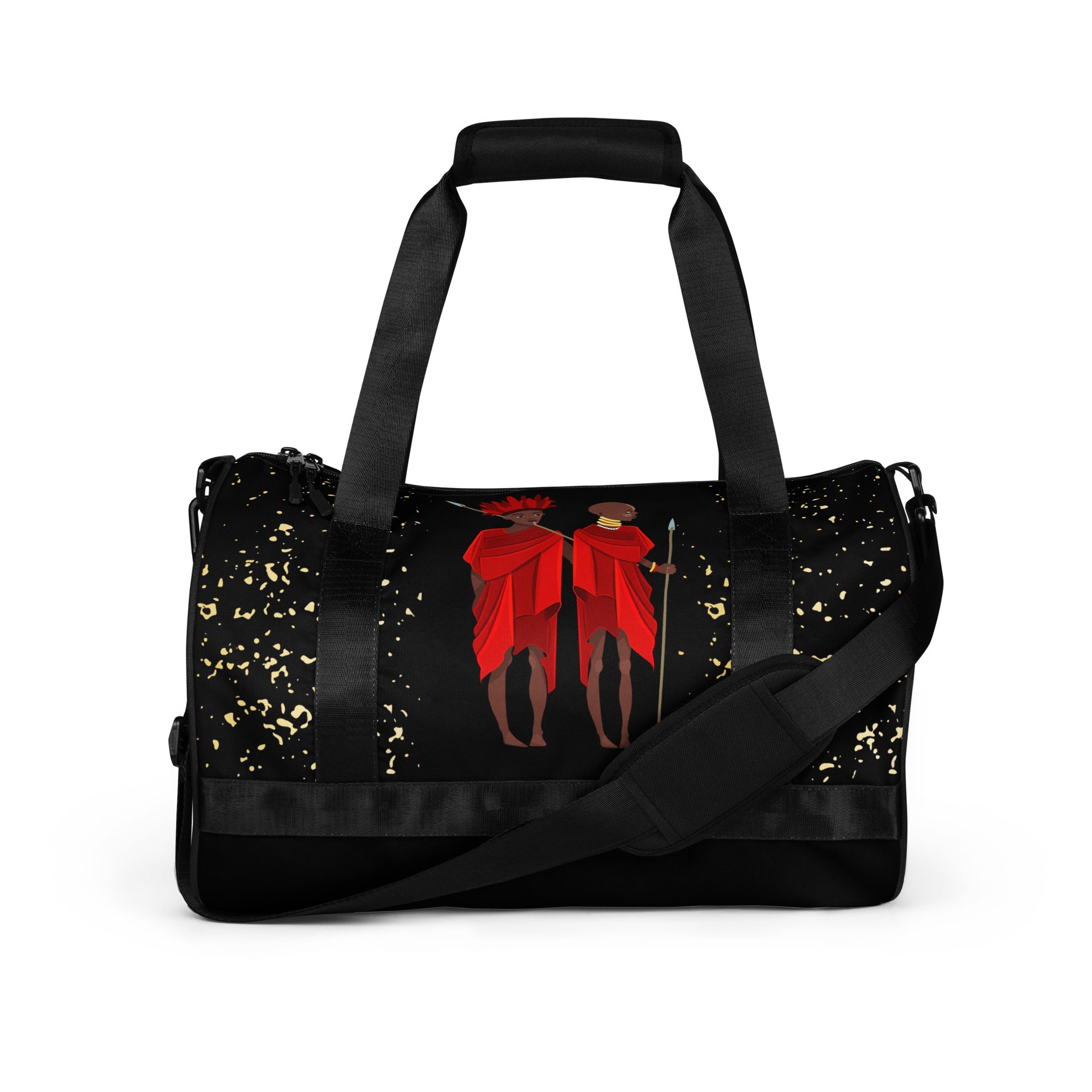 Front view of the black Agojie Midnight Gym Overnight Bag showcasing the vibrant gold flecks and custom Sahara warriors clothed in red wrappers.