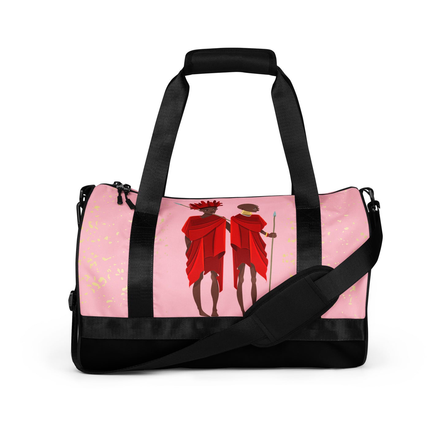 Agojie Topaz Gym Overnight Bag showcasing the vibrant gold flecks and custom Sahara warriors clothed in red wrappers.