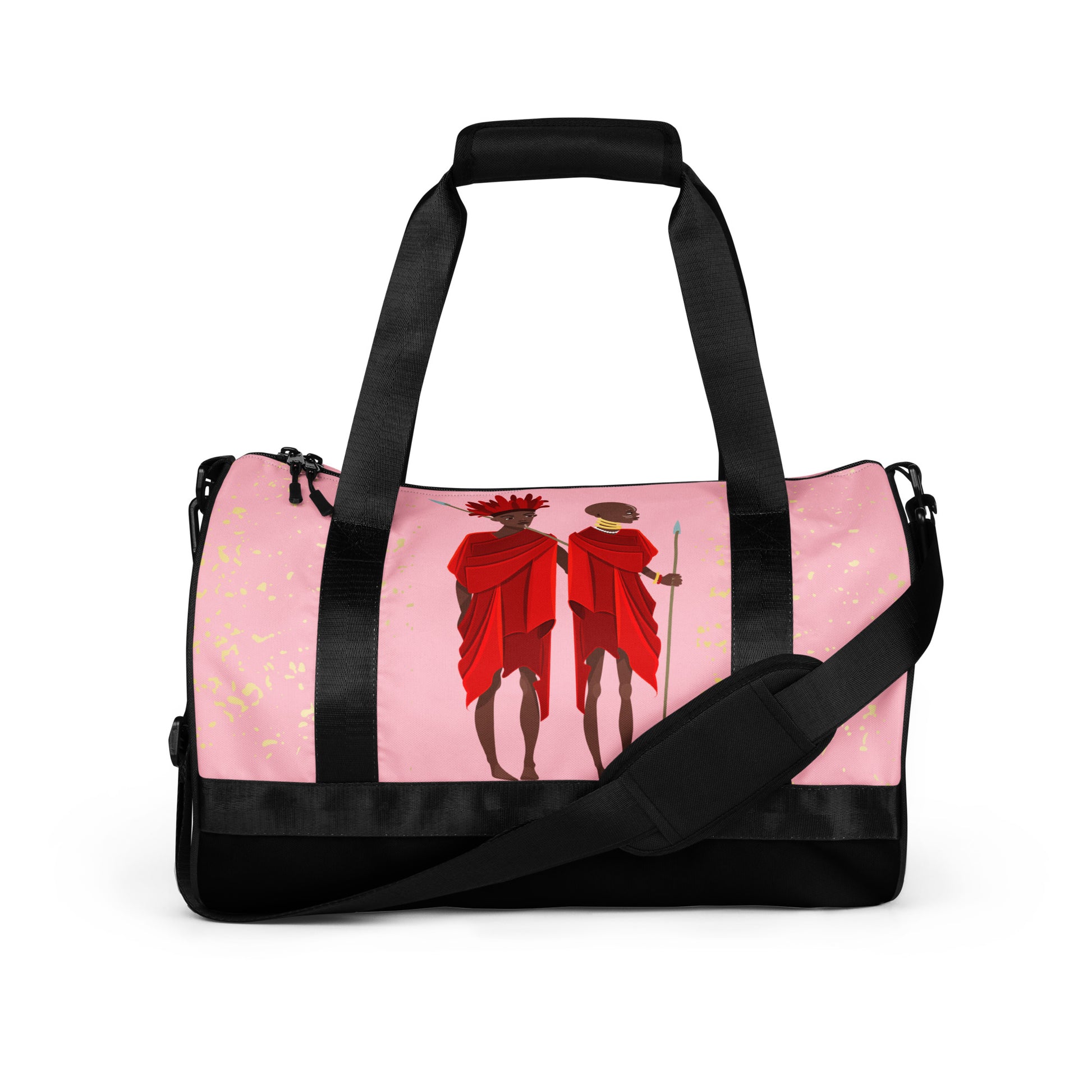 Agojie Topaz Gym Overnight Bag showcasing the vibrant gold flecks and custom Sahara warriors clothed in red wrappers.