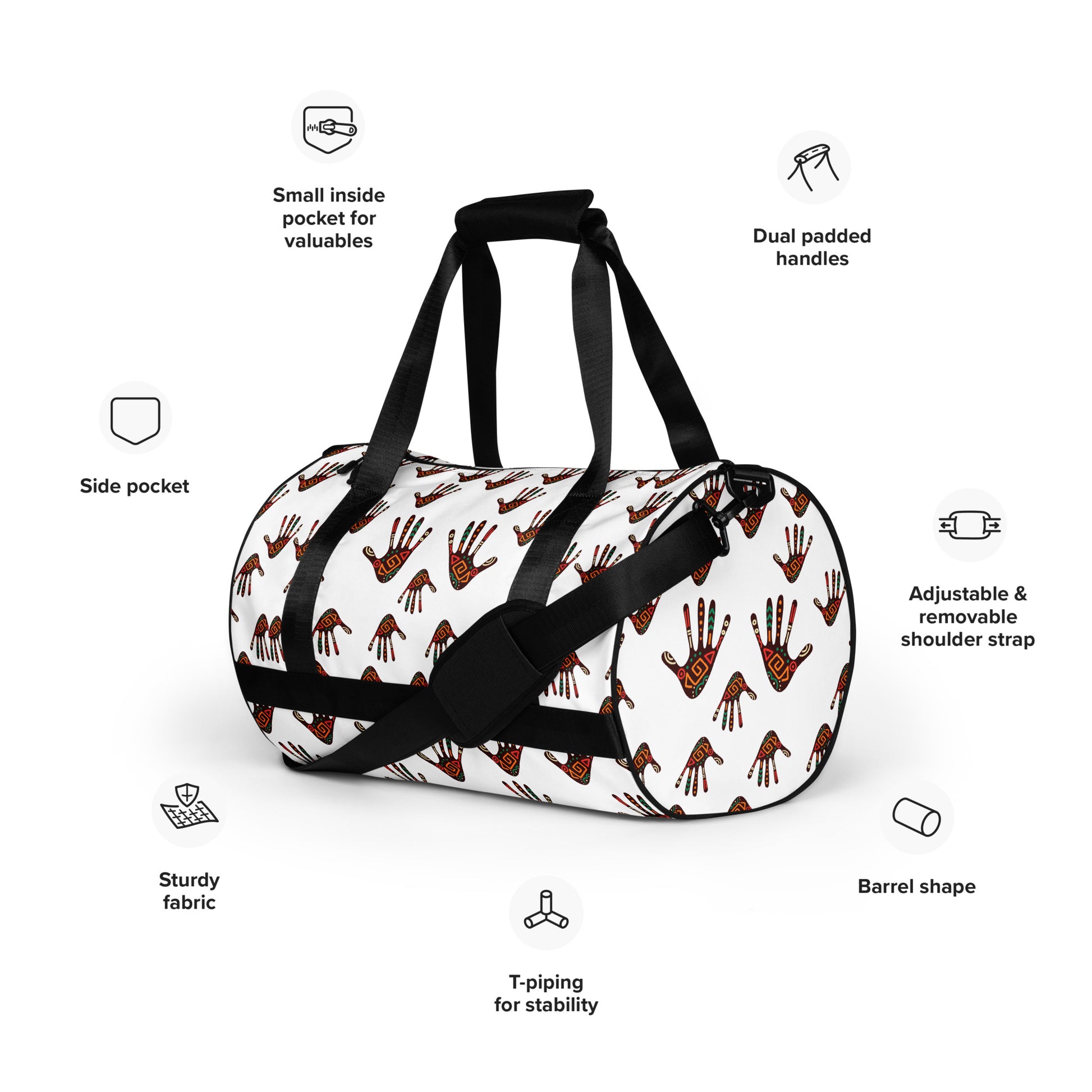 Front feature-view of Duro Palm Print Overnight Gym Bag, detailing its adjustable padded straps, side and internal pockets, and T-piped barrel shape.