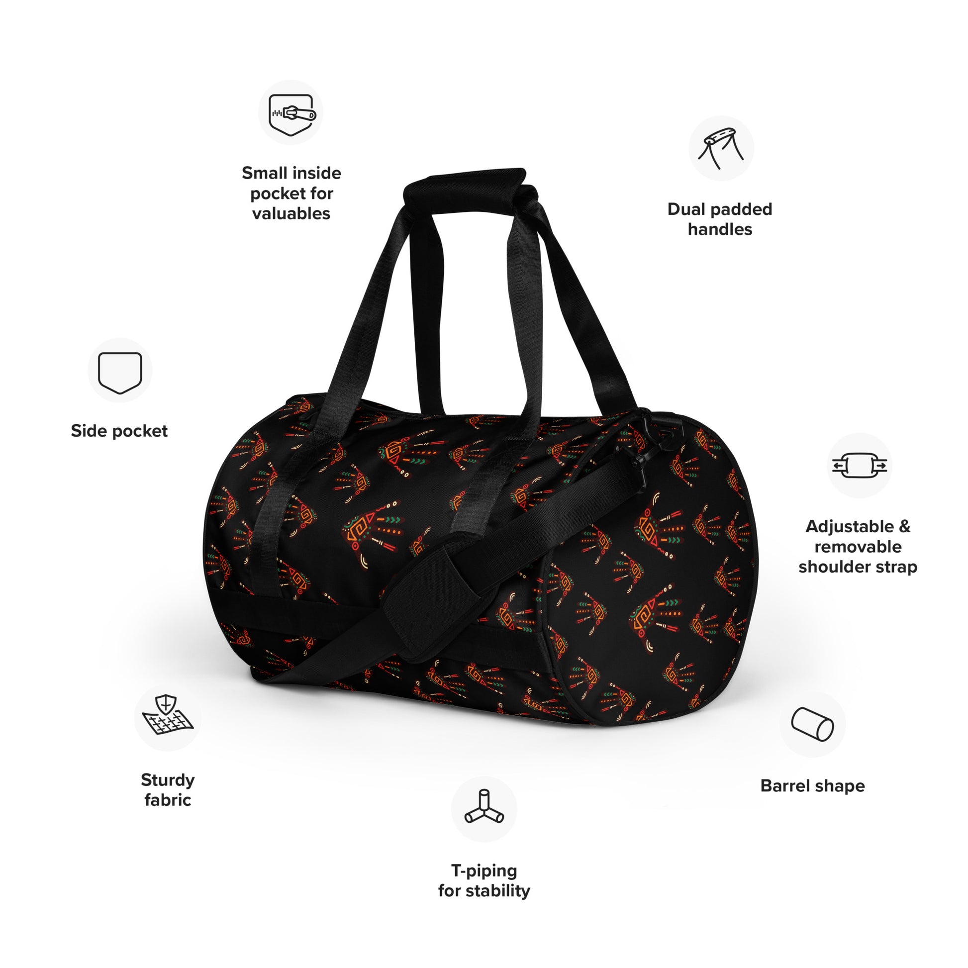 Feature-view of Duro Midnight Palm Print Overnight Gym Bag, detailing its adjustable padded straps, side and internal pockets, and T-piped barrel shape.