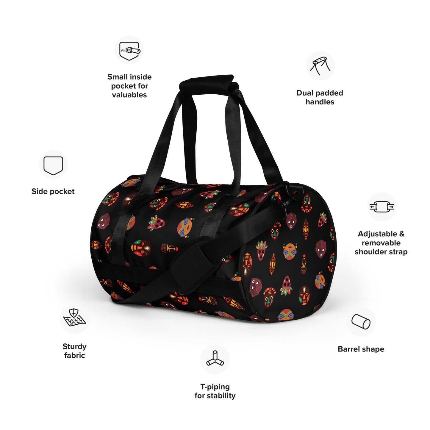 Front feature-view of Chi Midnight Tribal Mask Overnight Gym Bag, detailing its adjustable padded straps, side and internal pockets, and T-piped barrel shape.