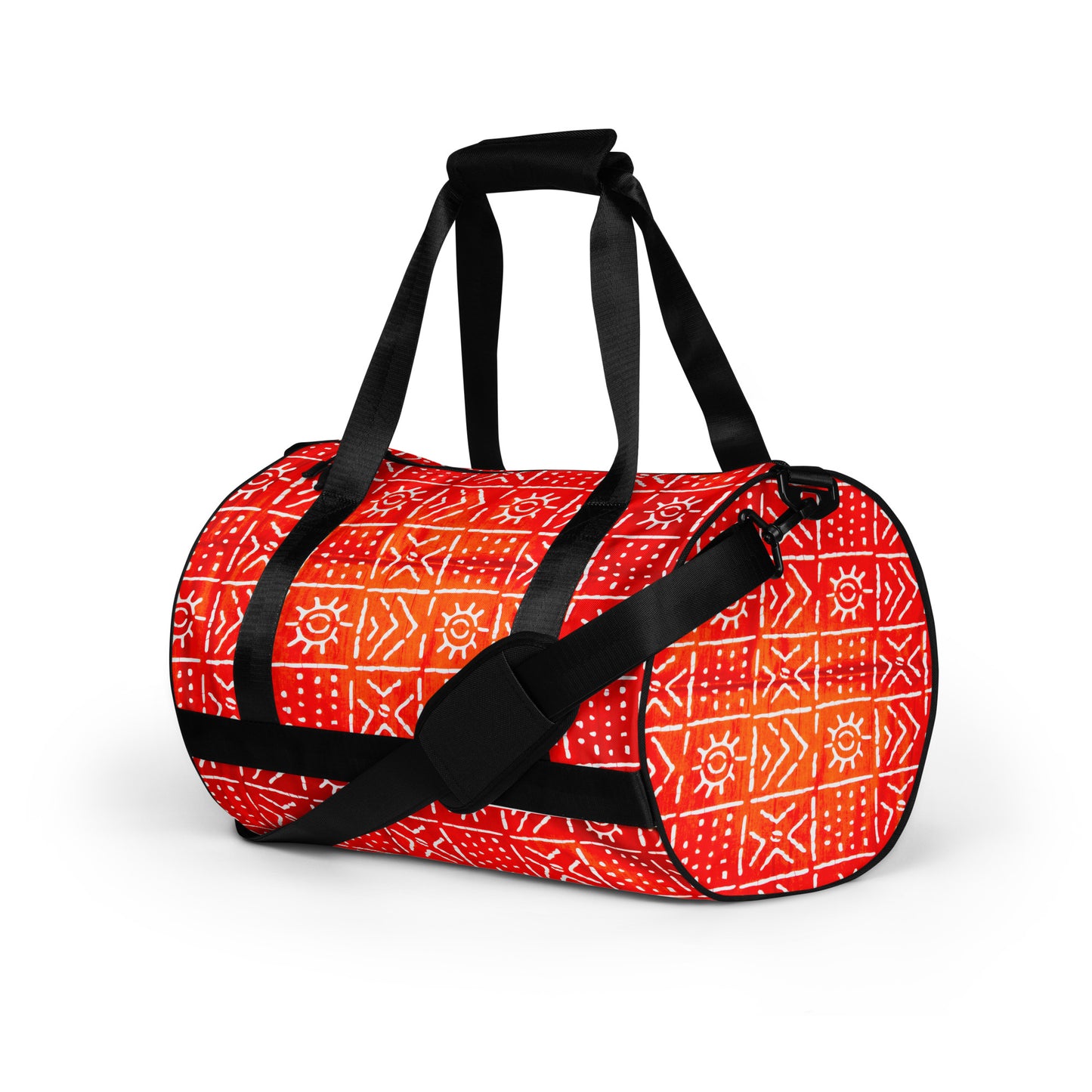 Left side view of Aquila Print Overnight Gym Bag showing the dual small carriers strapped up, while the longer single strap is dropped down and along the front of the bag. 
