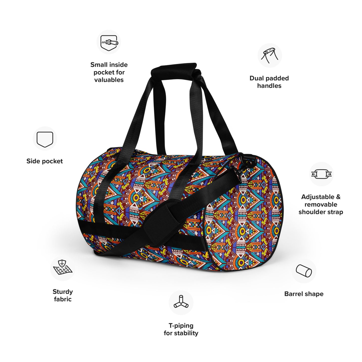 Feature-view of Tozi Aztec Print Overnight Gym Bag, detailing its adjustable padded straps, side and internal pockets, and T-piped barrel shape.
