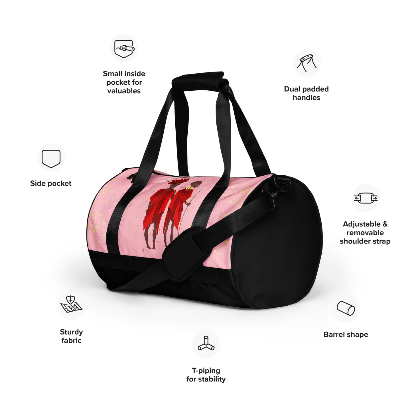 Front feature-view of Agojie Topaz Overnight Gym Bag, detailing its adjustable padded straps, side and internal pockets, and T-piped barrel shape.
