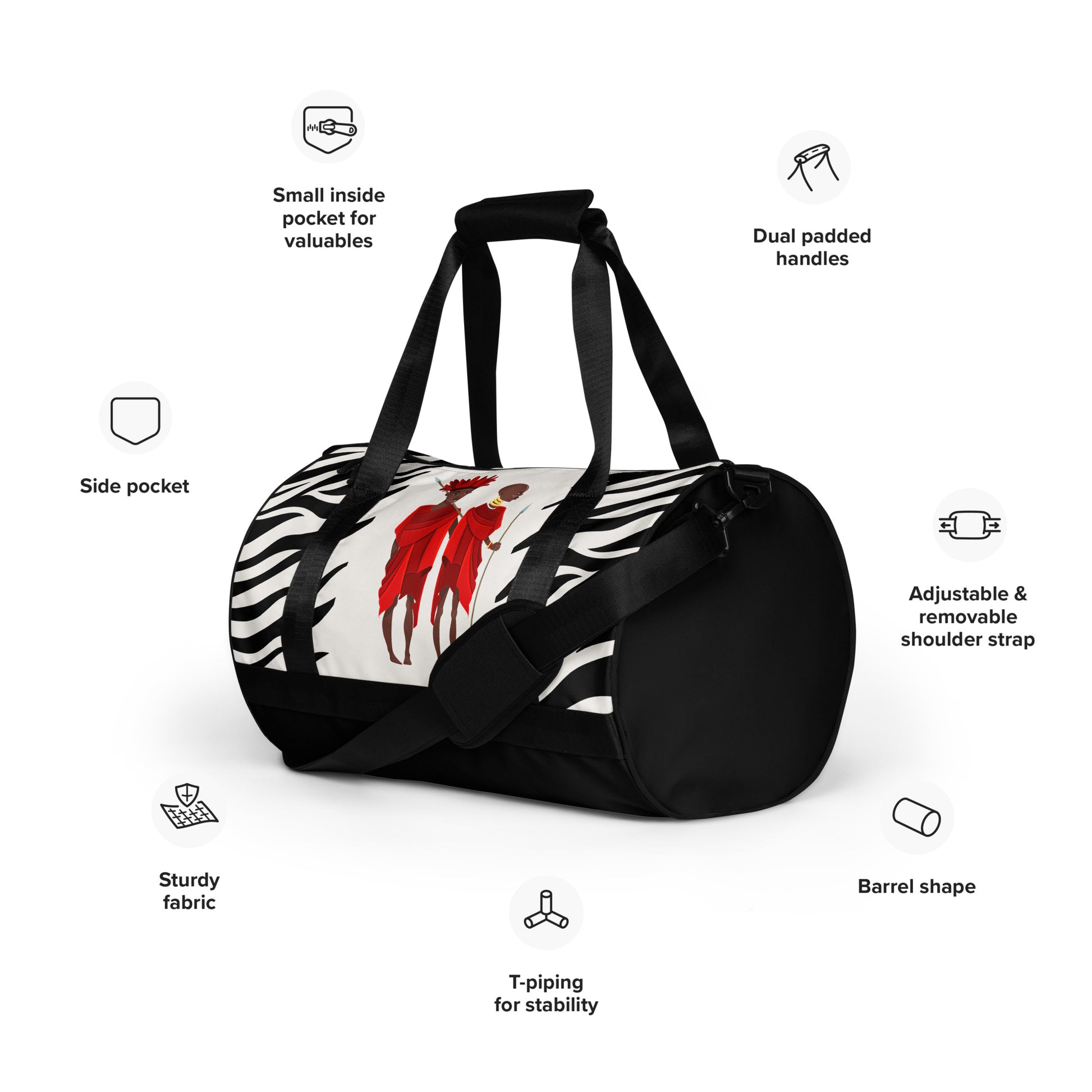 Front feature-view of Agojie Zebra Print Overnight Gym Bag, detailing its adjustable padded straps, side and internal pockets, and T-piped barrel shape.