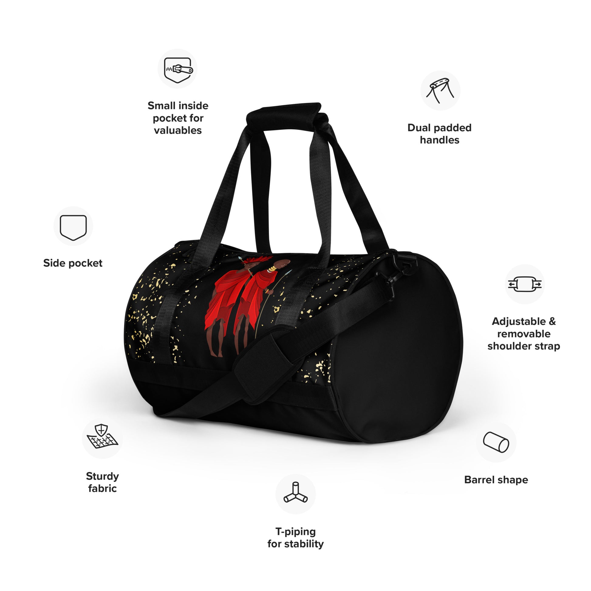Front feature-view of Agojie Midnight Overnight Gym Bag, detailing its adjustable padded straps, side and internal pockets, and T-piped barrel shape.