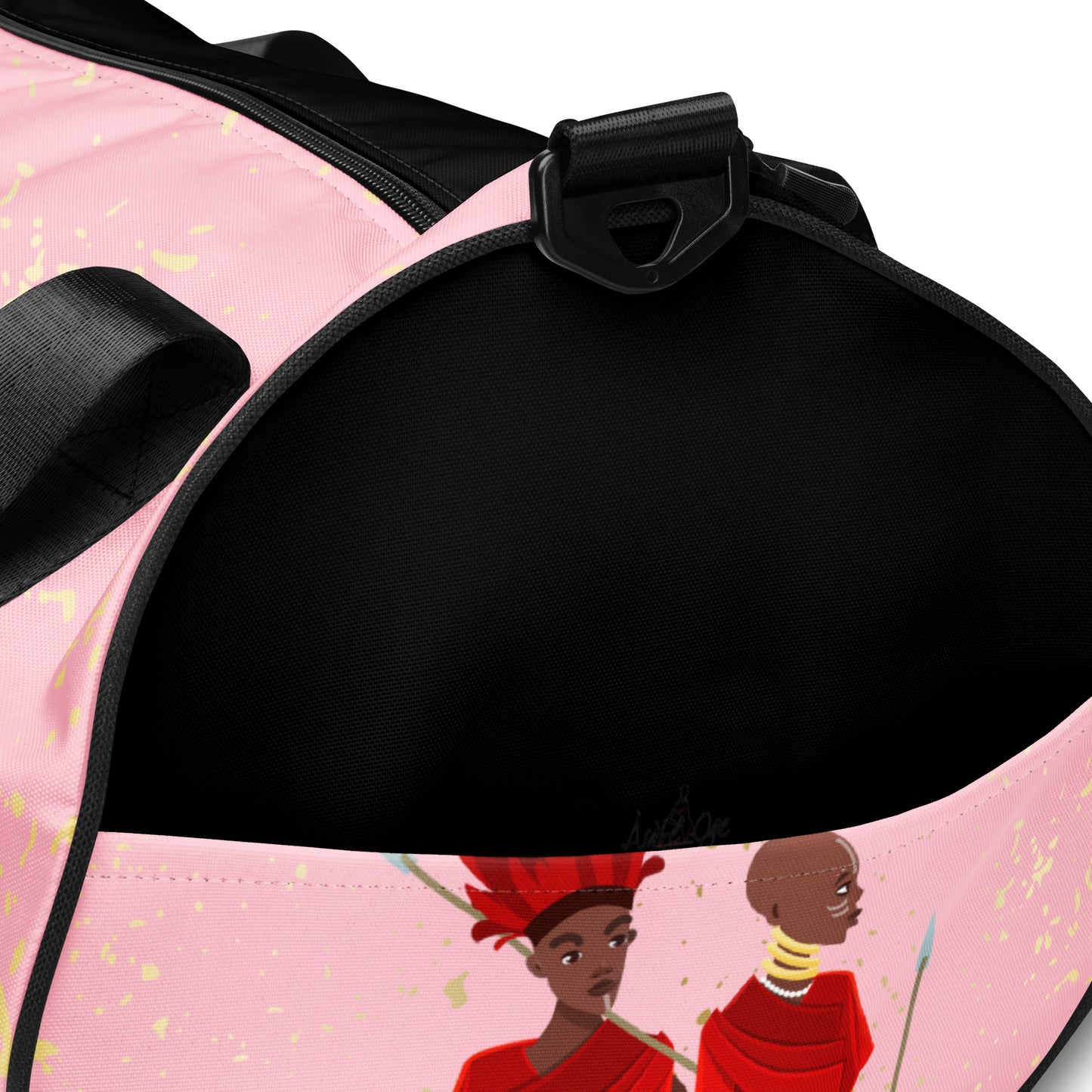Up close side view of Agojie Topaz Overnight Gym Bag, showing the external pocket, gold flecks, and warrior heads
