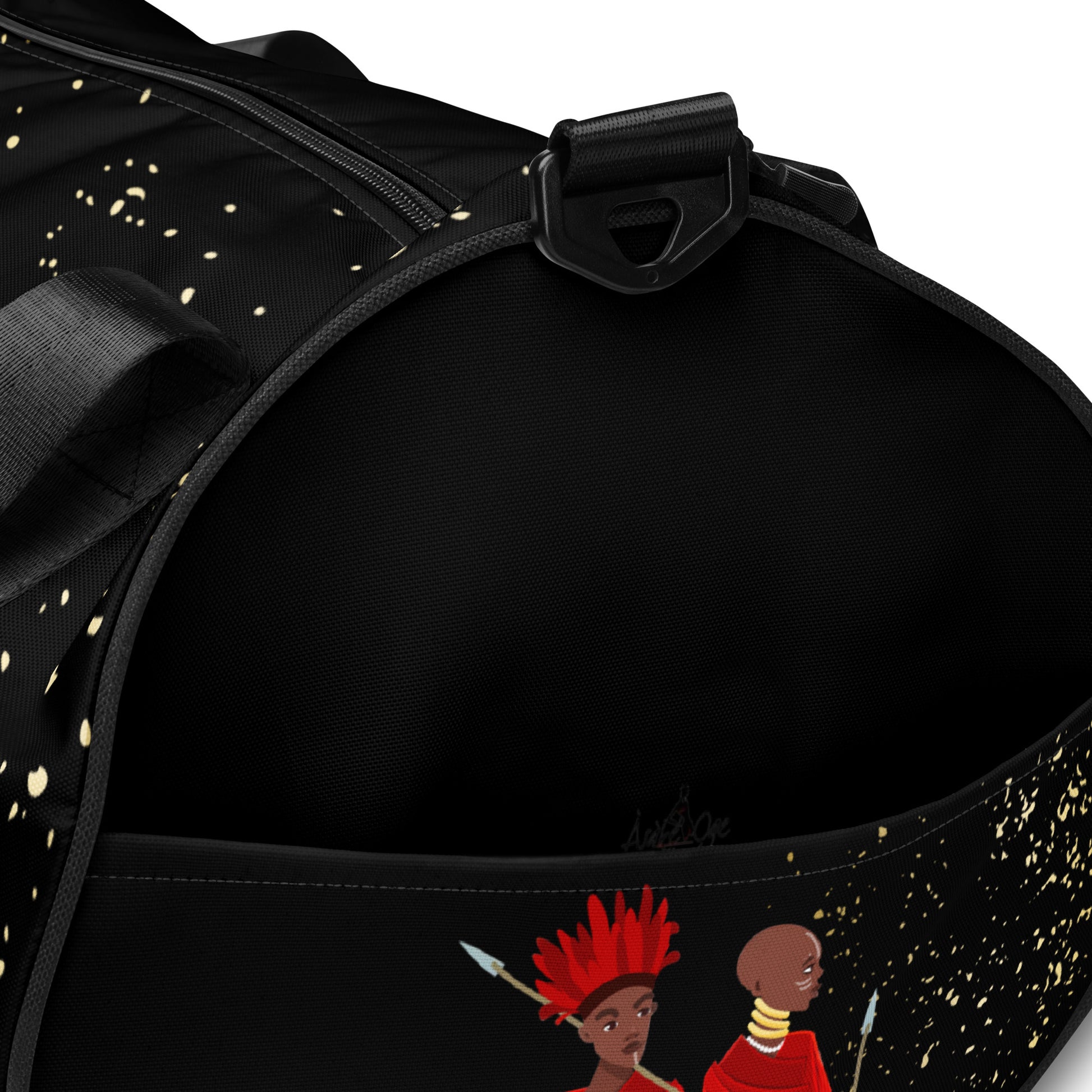 Up close side view of Agojie Midnight Overnight Gym Bag, showing the external pocket, gold flecks, and warrior heads
