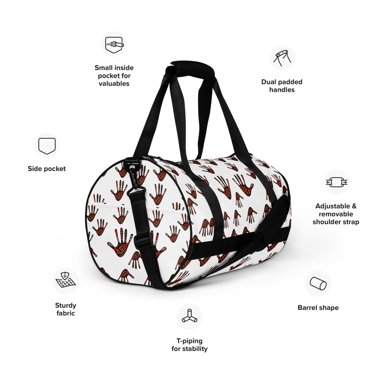 Feature-view of Duro Palm Print Overnight Gym Bag, detailing its adjustable padded straps, side and internal pockets, and T-piped barrel shape.