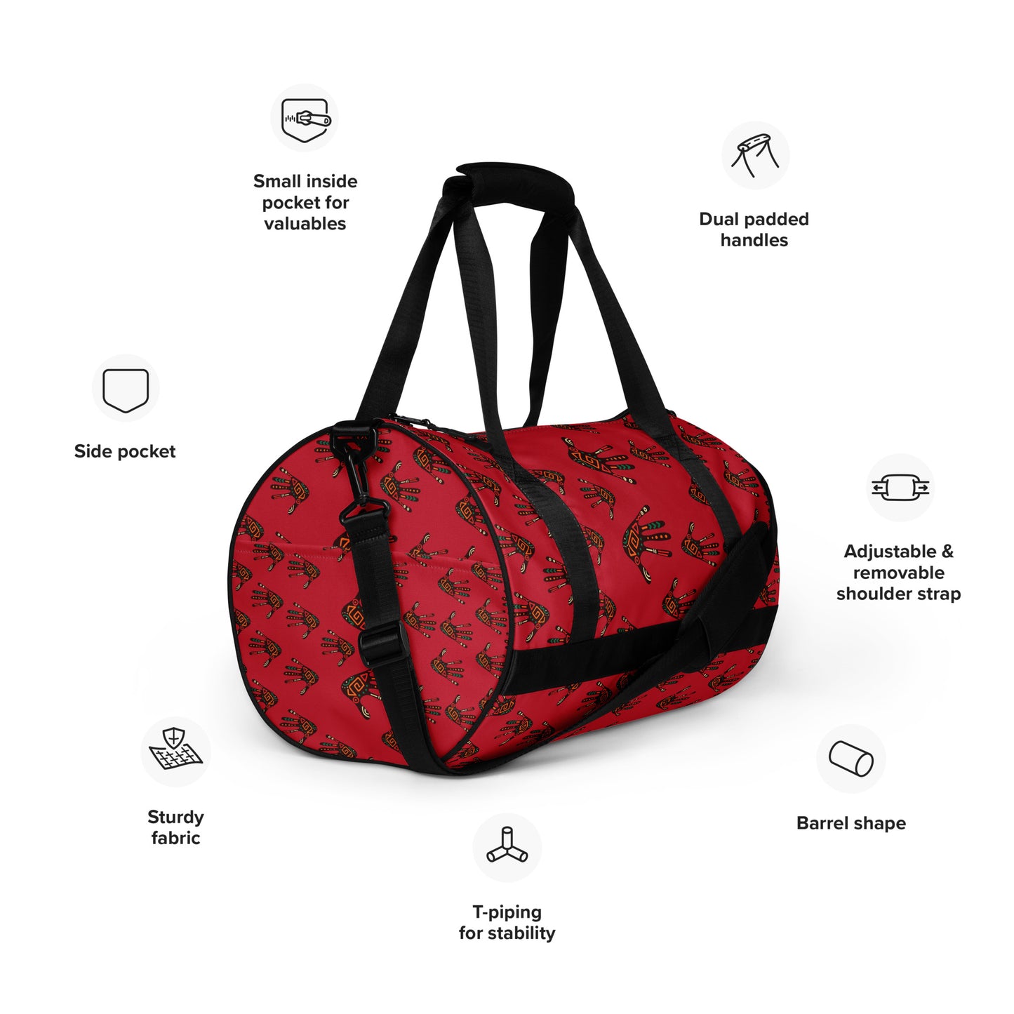 Feature-view of Duro Crimson Tribal Palm Print Overnight Gym Bag, detailing its adjustable padded straps, side and internal pockets, and T-piped barrel shape.