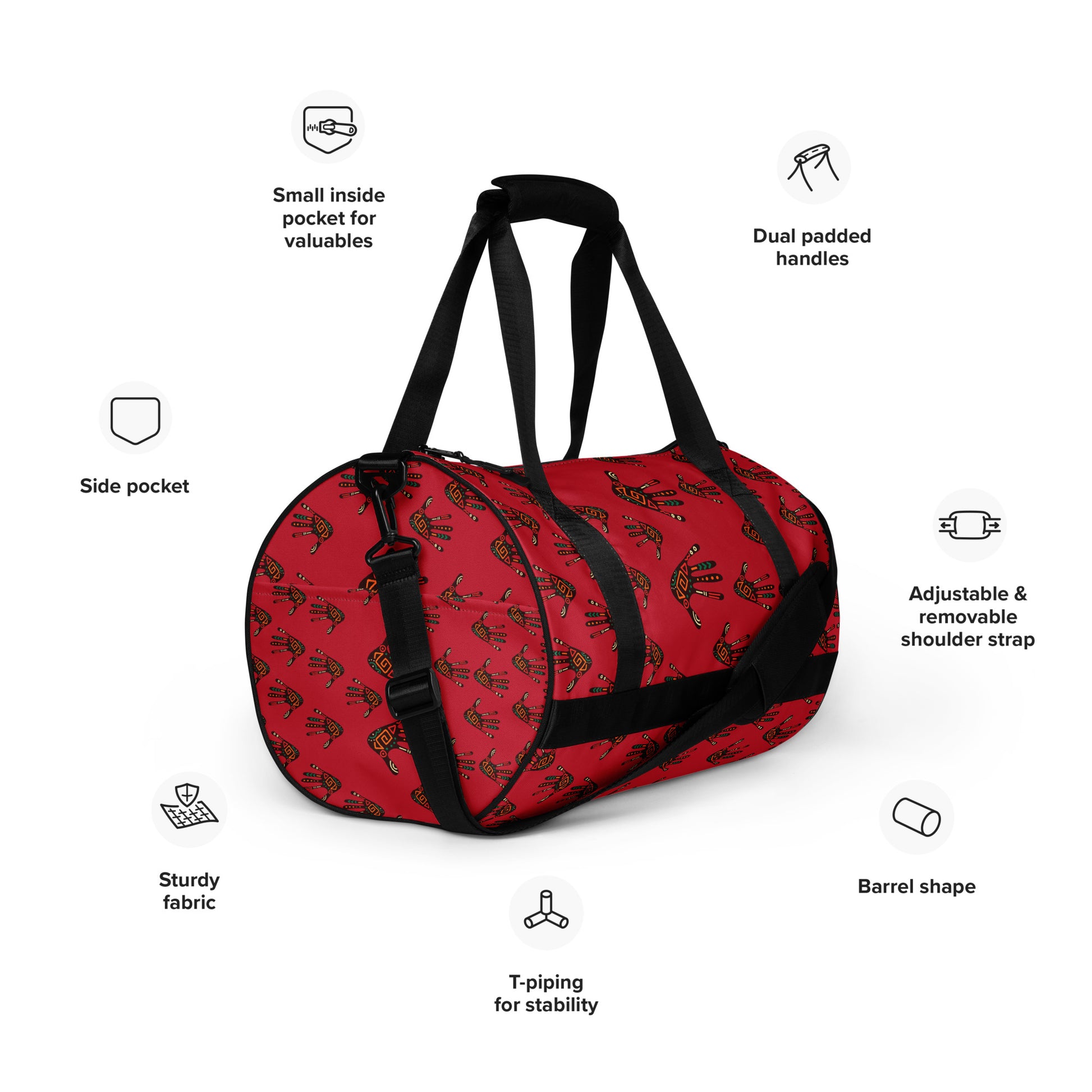 Feature-view of Duro Crimson Tribal Palm Print Overnight Gym Bag, detailing its adjustable padded straps, side and internal pockets, and T-piped barrel shape.