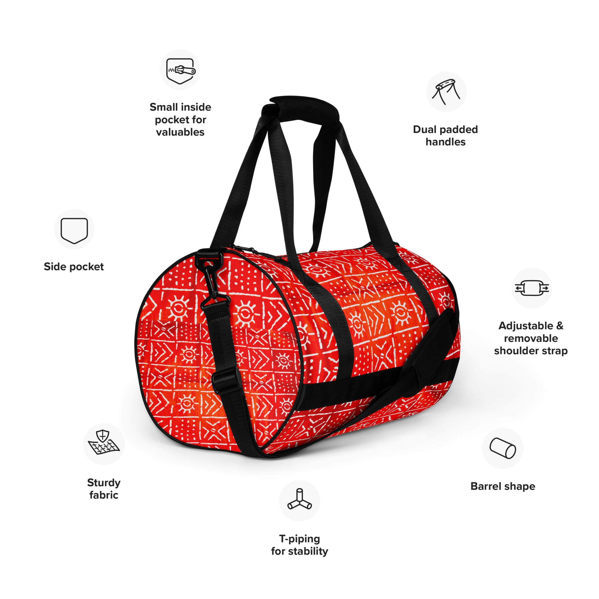 Feature-view of Aquila Print Overnight Gym Bag, detailing its adjustable padded straps, side and internal pockets, and T-piped barrel shape.