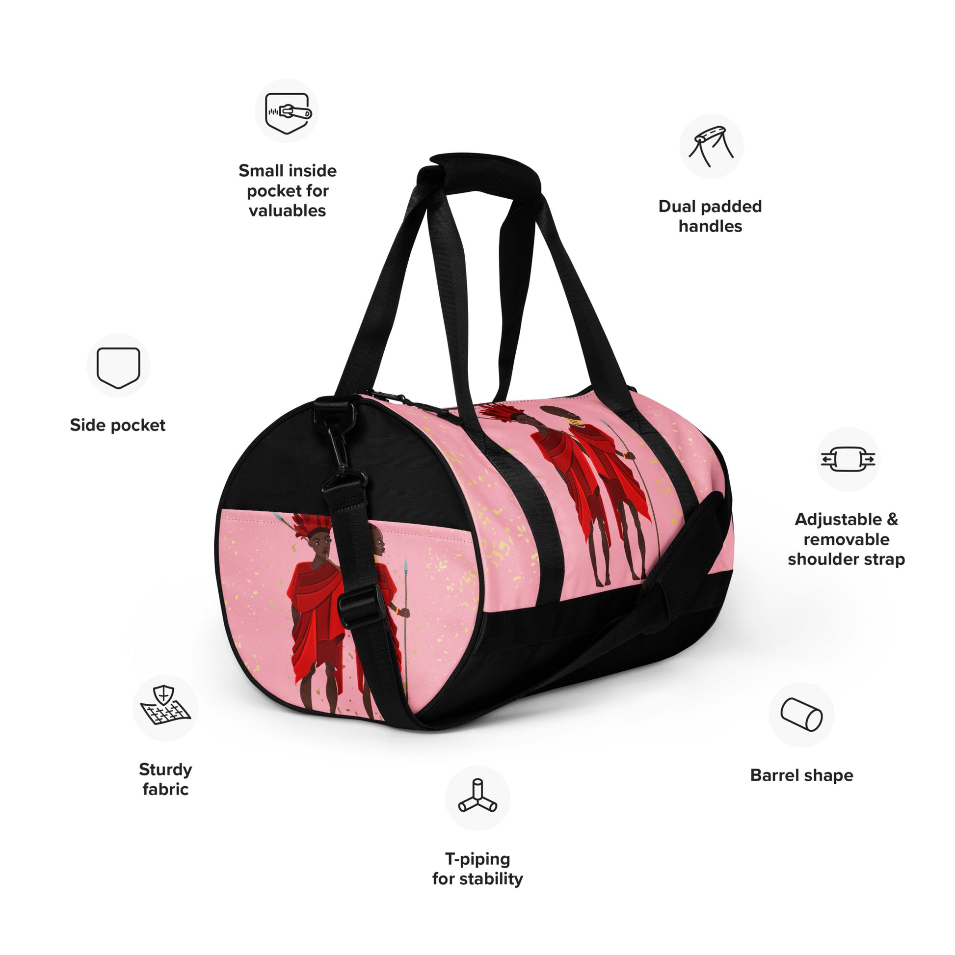 Side-pocket feature-view of Agojie Topaz Overnight Gym Bag, detailing its adjustable padded straps, side and internal pockets, and T-piped barrel shape