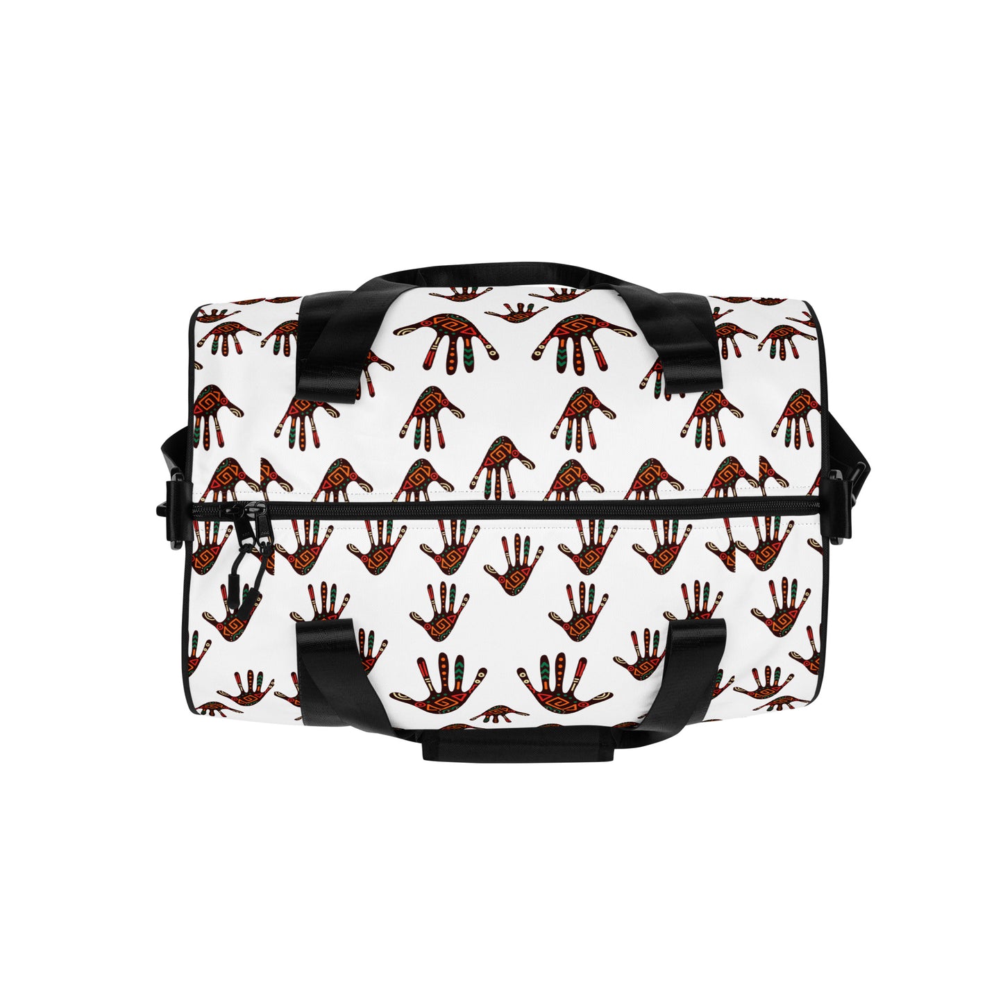 Top view of Duro Tribal Palm Print Overnight Gym Bag showing its dual black zipper closure