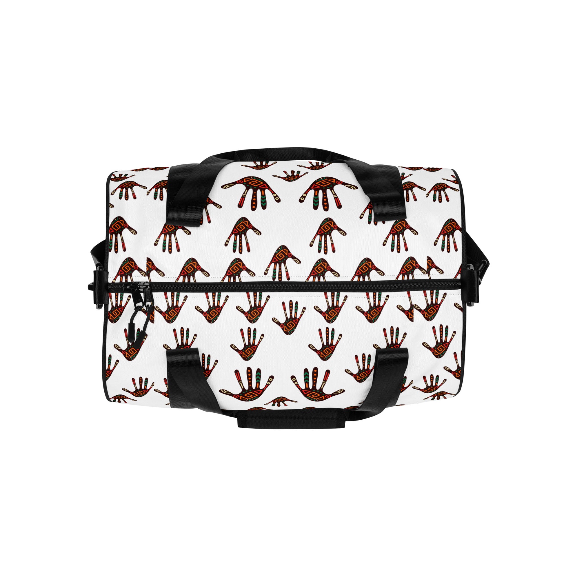 Top view of Duro Tribal Palm Print Overnight Gym Bag showing its dual black zipper closure