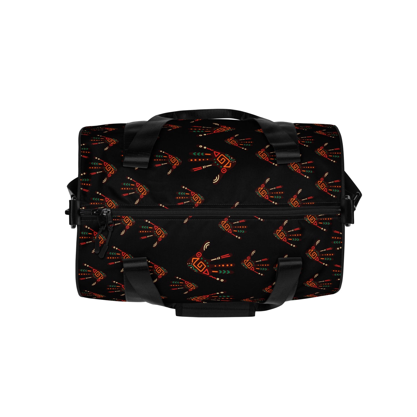 Top view of Duro Midnight Tribal Palm Print Overnight Gym Bag showing its dual black zipper closure