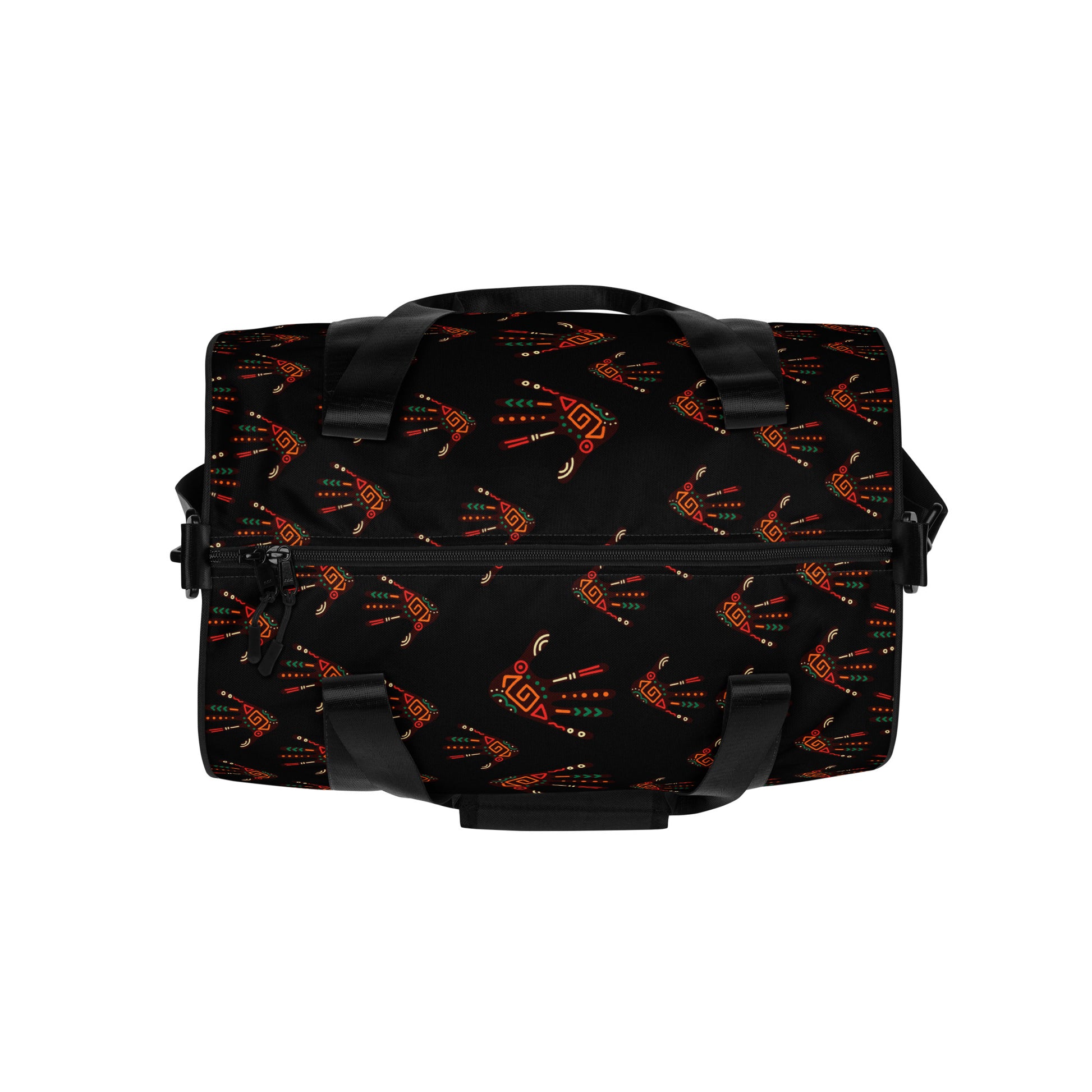 Top view of Duro Midnight Tribal Palm Print Overnight Gym Bag showing its dual black zipper closure