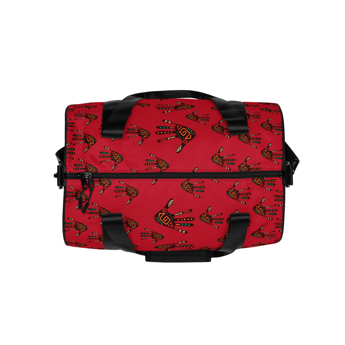 Top view of a Duro Crimson Tribal Palm Print Duffle Bag, showing its length-wide, c-shape black zipper closure