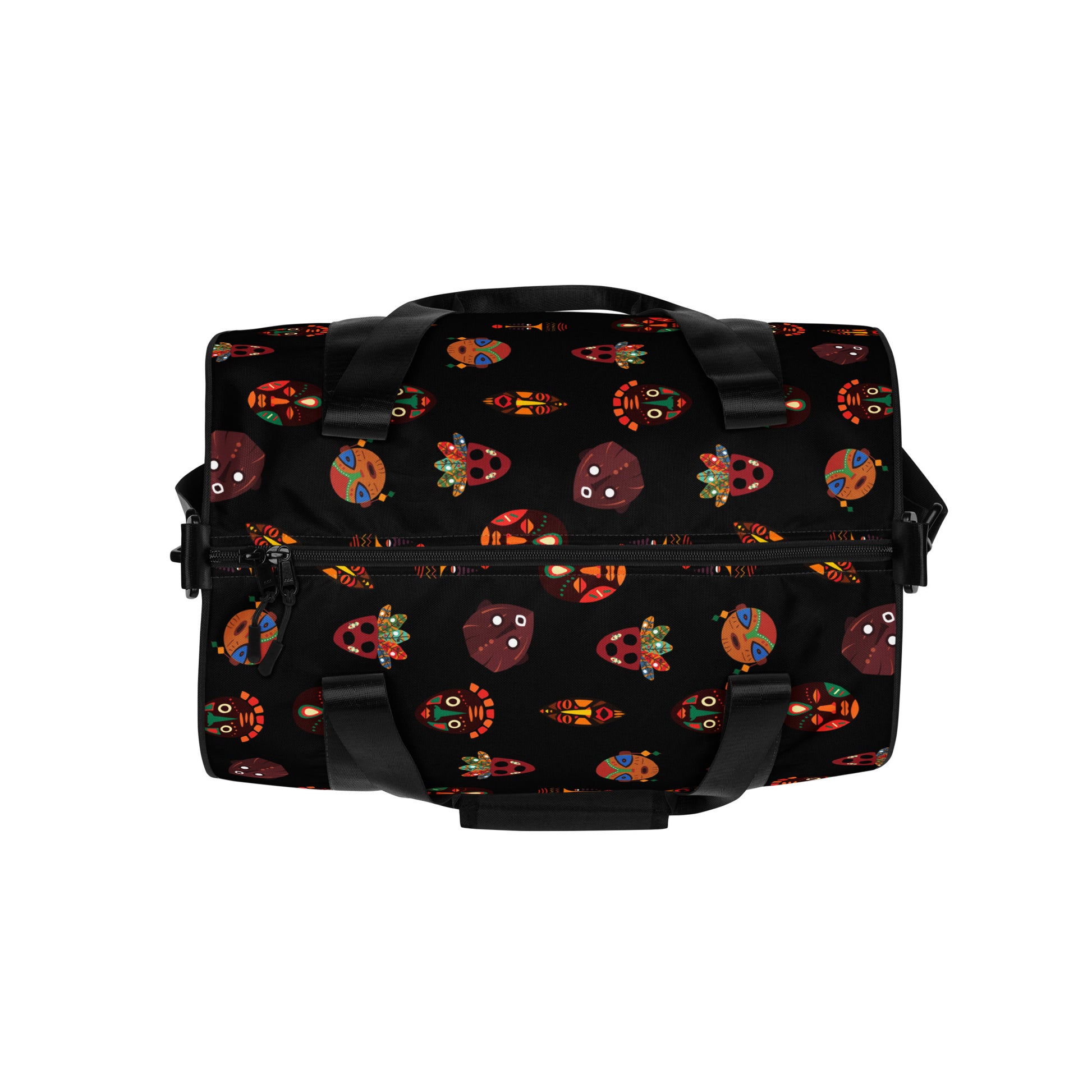 Top view of Chi Midnight Tribal Mask  Overnight Gym Bag showing its dual black zipper closure