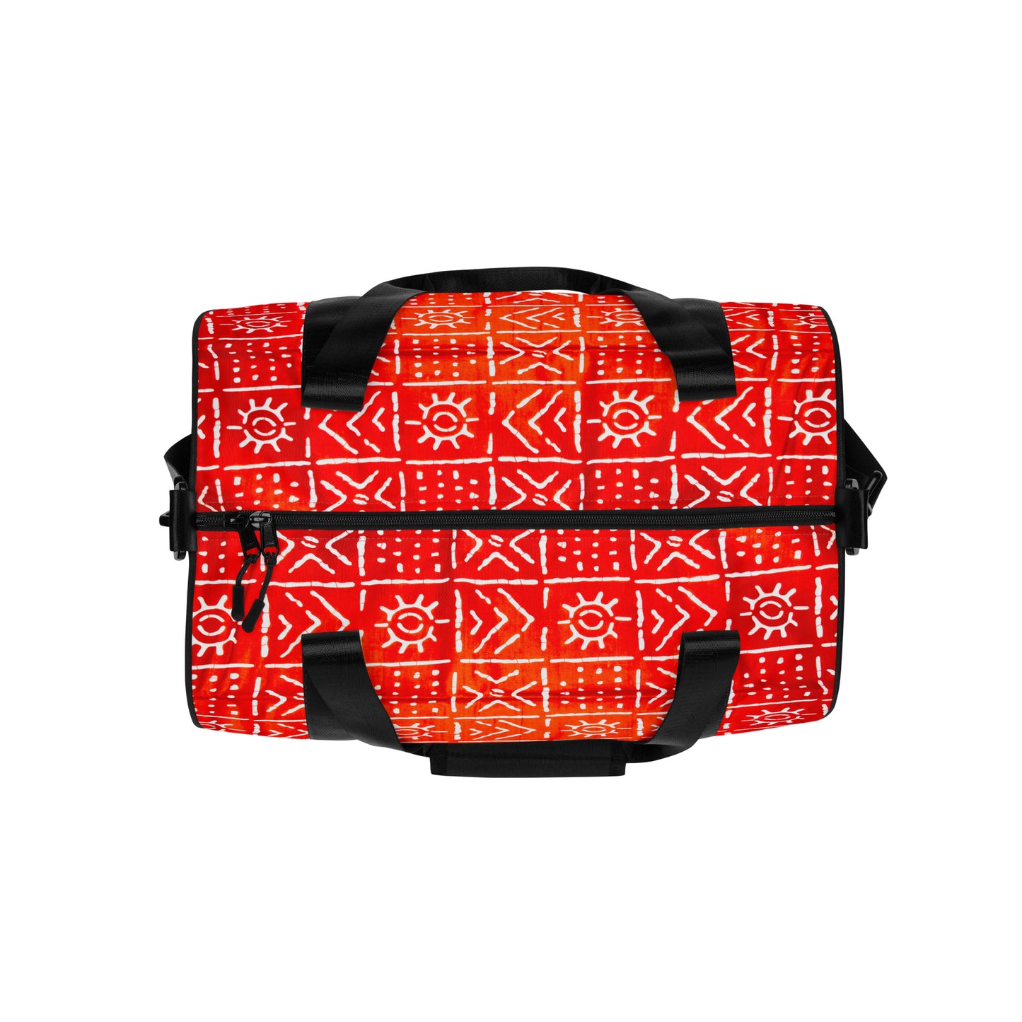 Top view of Aquila Print Overnight Gym Bag showing its dual black zipper closure