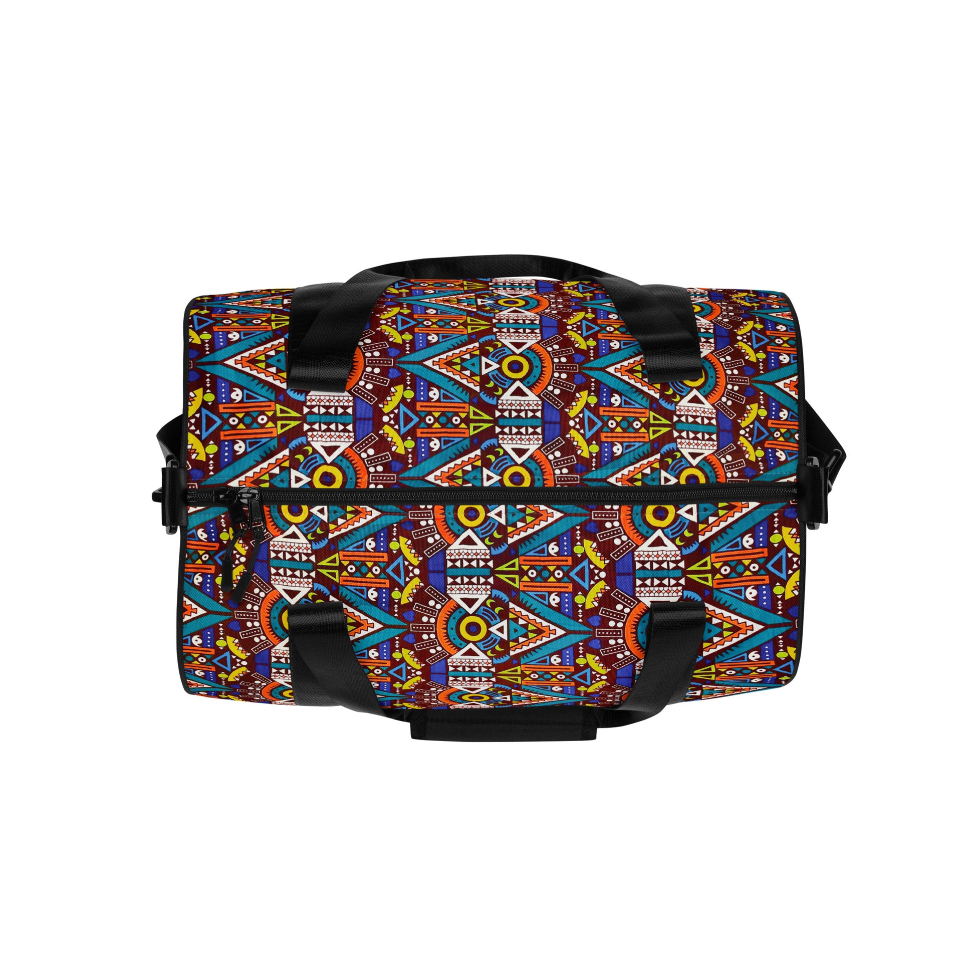 Top view of Tozi Aztec Print Overnight Gym Bag showing its dual black zipper closure