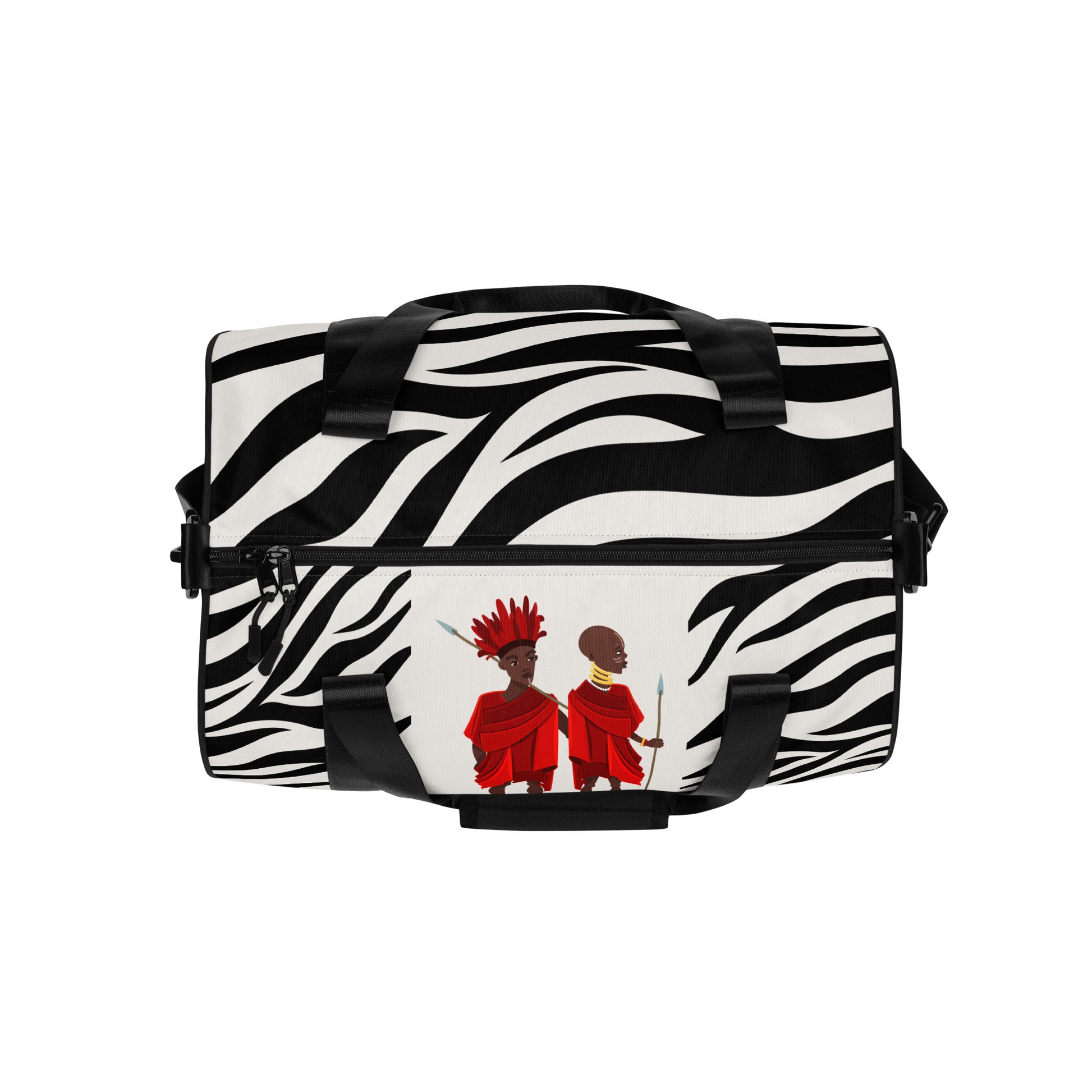 Agojie Top view of Agojie Zebra Print Overnight Gym Bag showing its dual black zipper closure Print Gym Bag