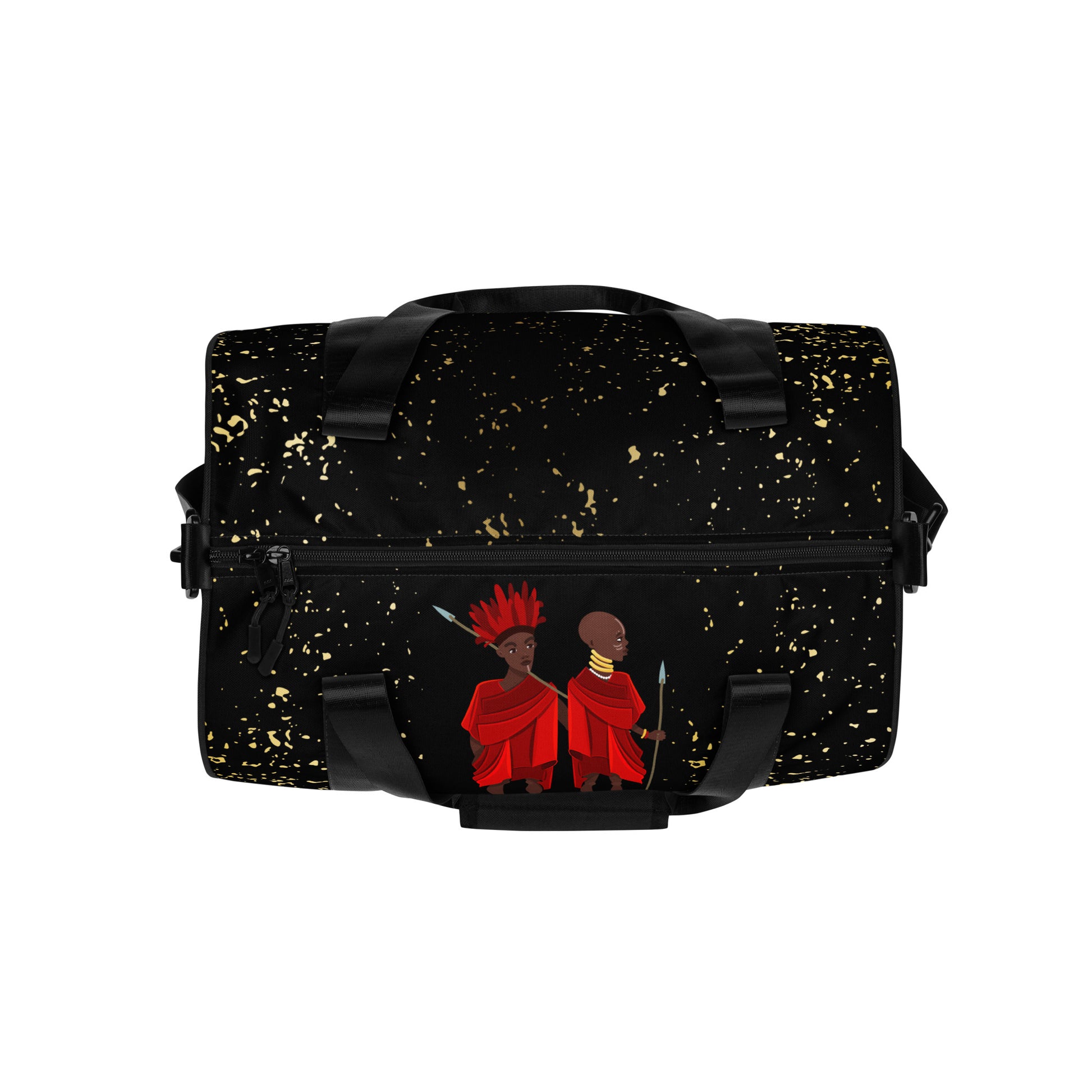 Top view of Agojie Midnight Overnight Gym Bag showing its dual black zipper closure