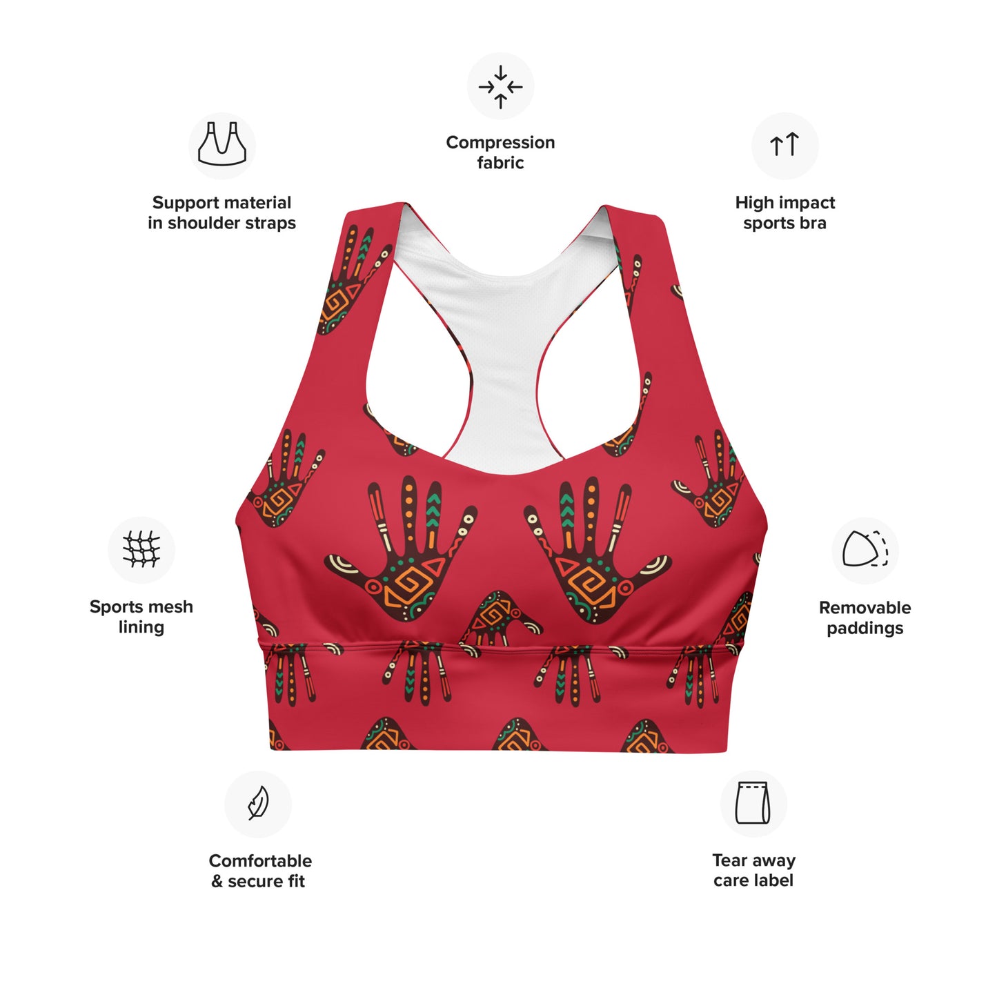 Duro Kinetic Tribal Hand-Print Longline Sports Bra — High-Impact Compression