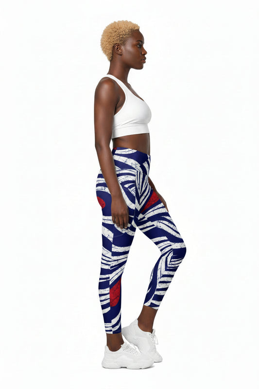 Woman wearing OMI African print crossover leggings for Juneteenth festival 
