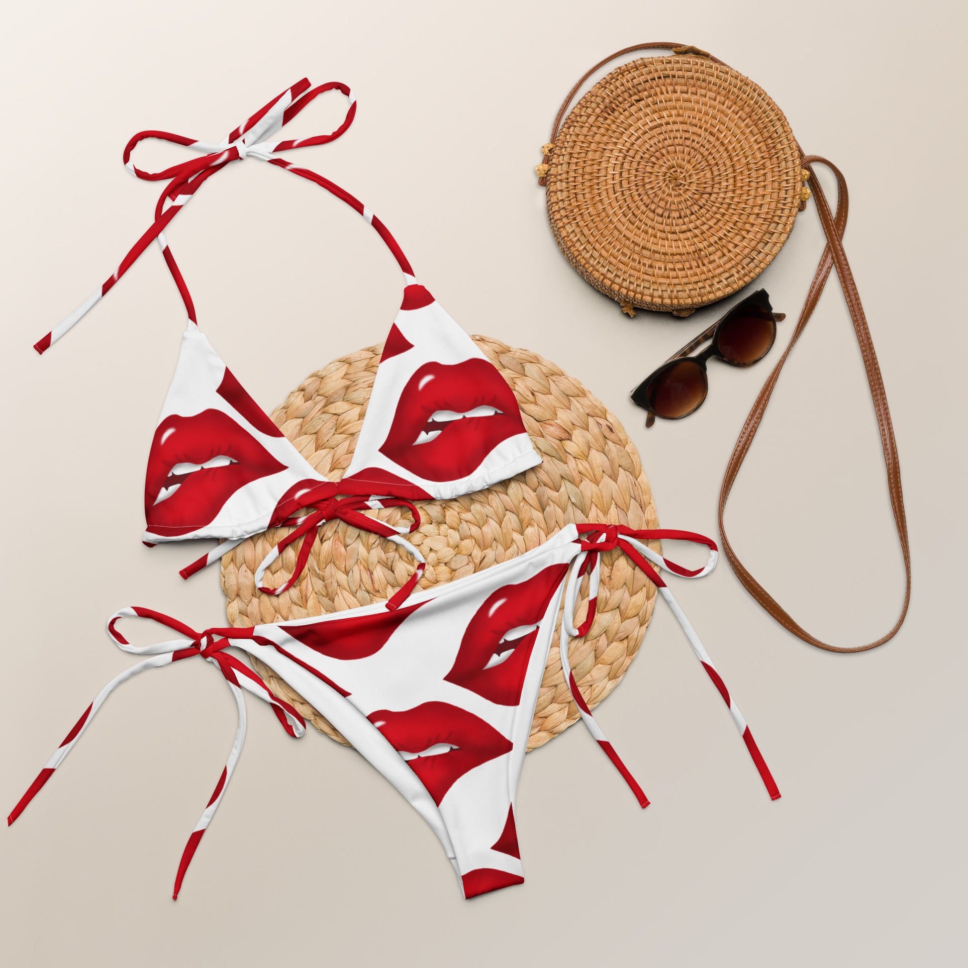 All-over Red Lipstick print string bikini