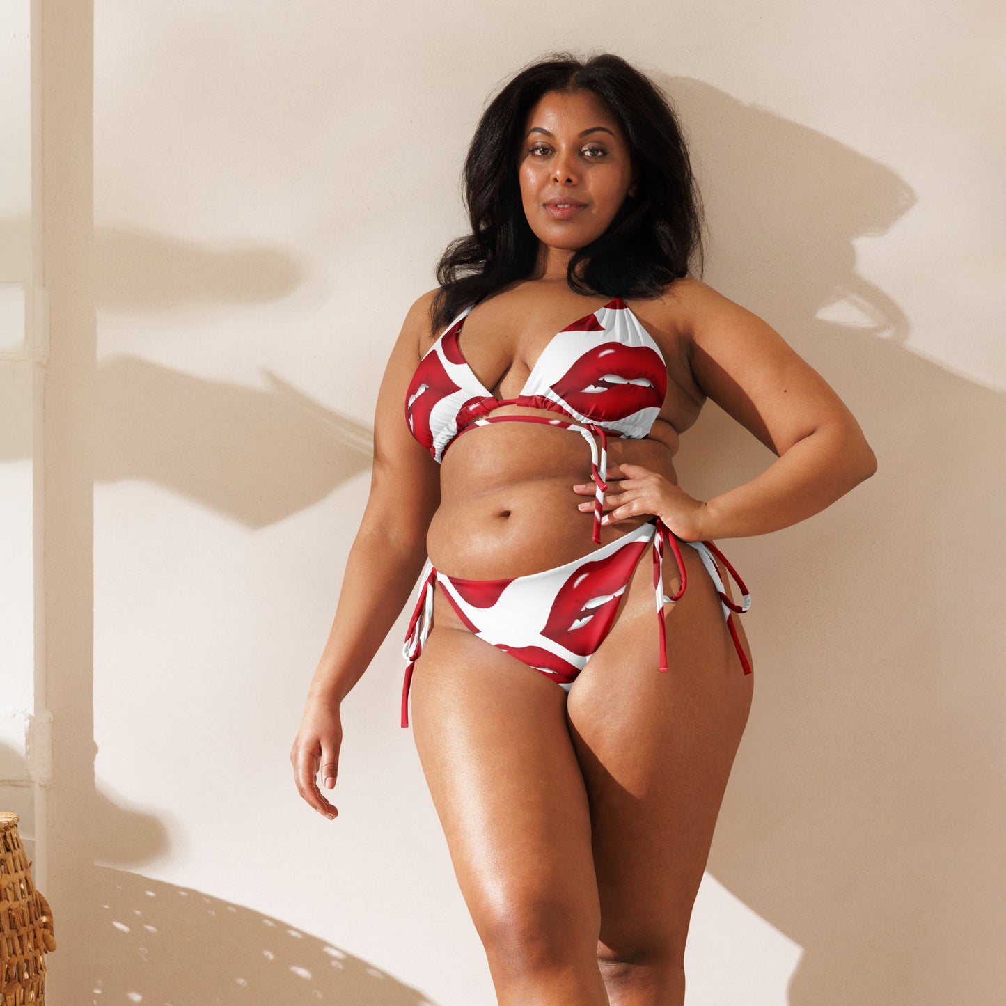 All-over Red Lipstick print string bikini
