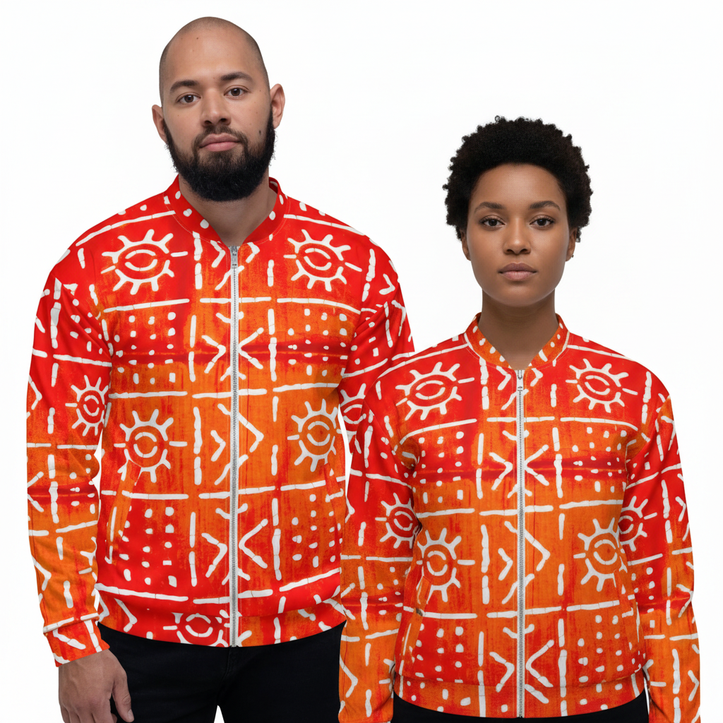 A man and a woman modeling matching orange and red patterned zip-up jackets with white geometric and sun motifs, set against a plain white background.