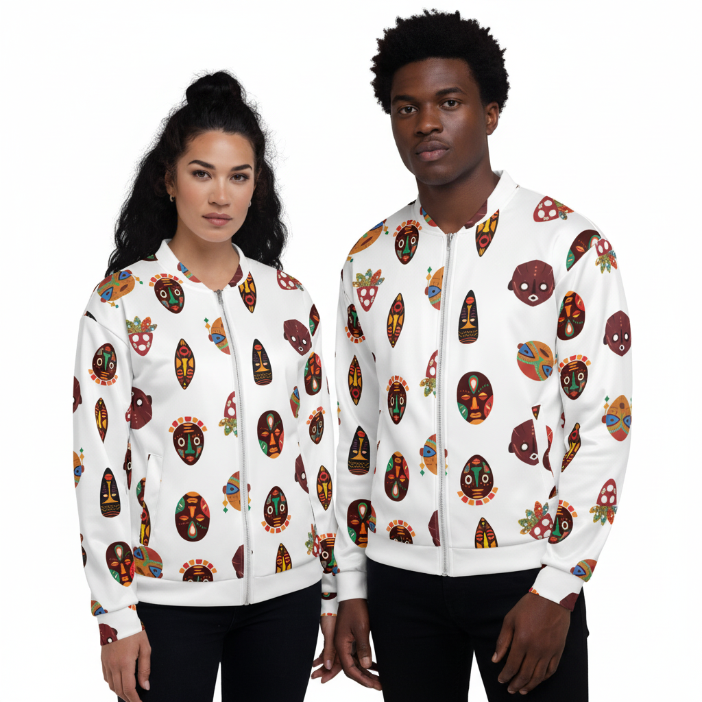 A woman wearing a white bomber jacket with a colorful tribal mask pattern. The jacket has a round neckline and long sleeves.