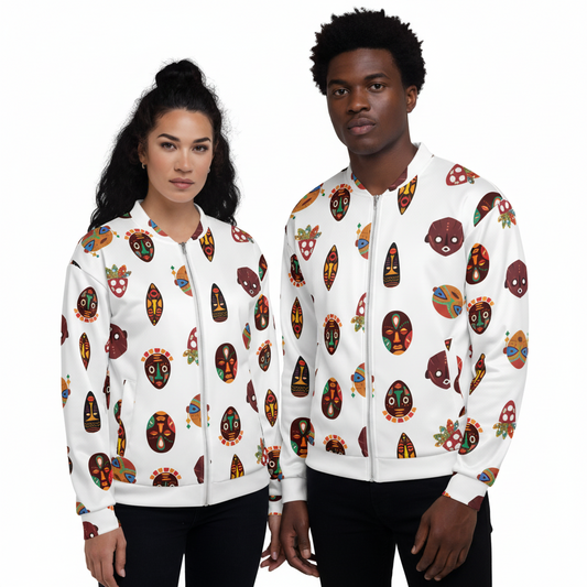 A woman wearing a white bomber jacket with a colorful tribal mask pattern. The jacket has a round neckline and long sleeves.