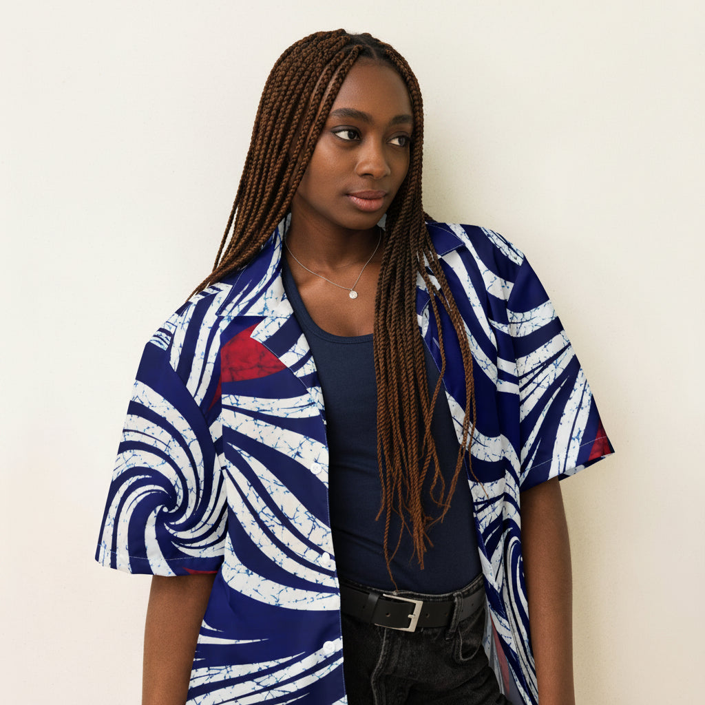 Close-up of OMI African print wave pattern Juneteenth collection