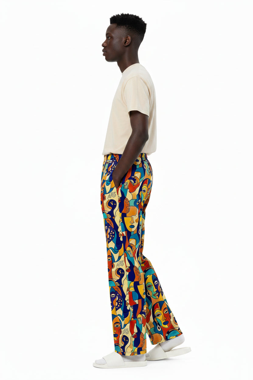 Side profile of African print wide-leg pants by Black-owned fashion brand ASAKE-OGE