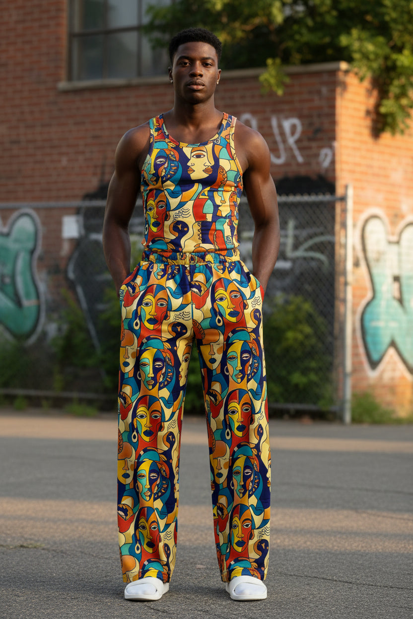 Lifestyle styling image featuring ASAKE-OGE Juneteenth streetwear pants and Afro-modern fashion