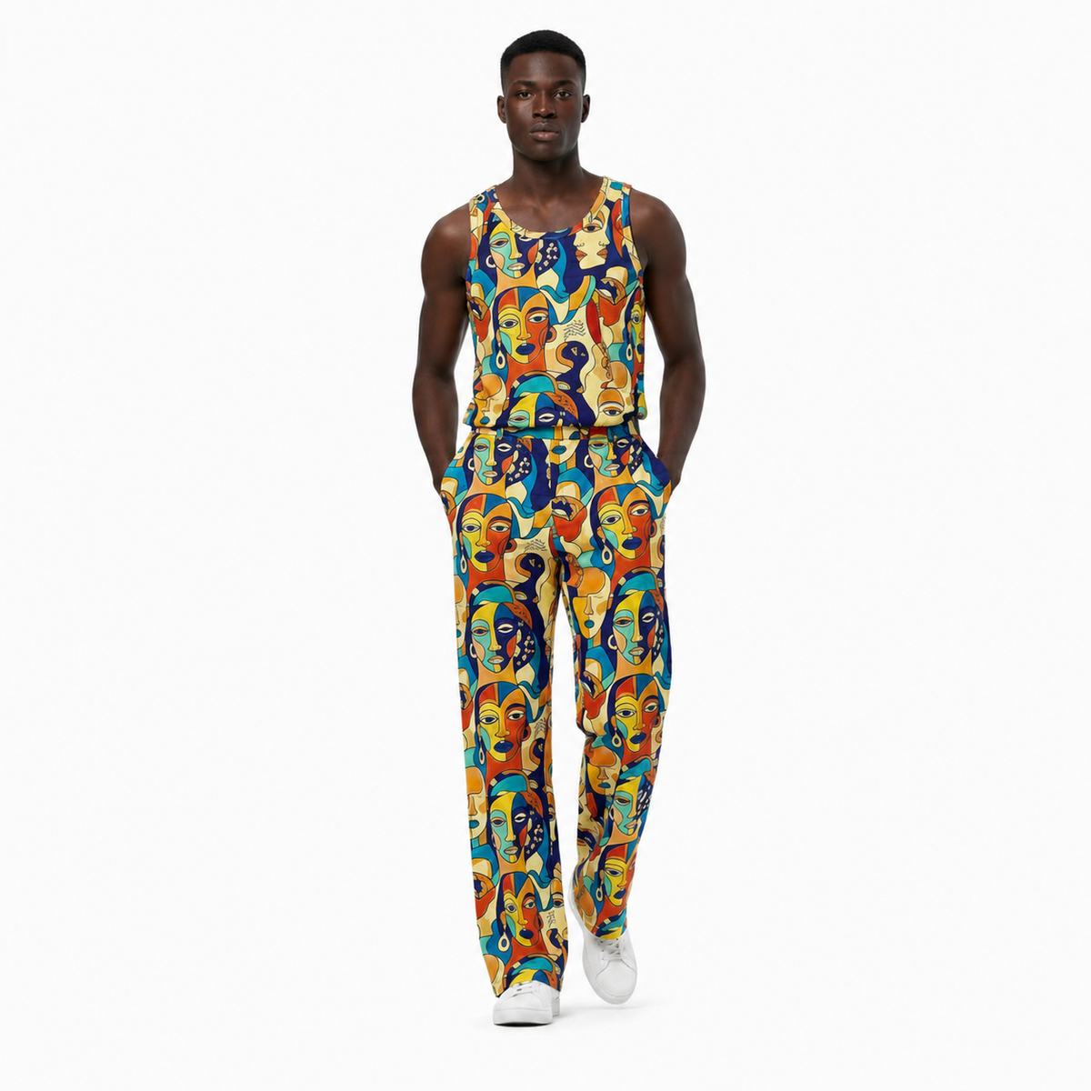 Lifestyle styling image featuring ASAKE-OGE streetwear pants and Afro-modern fashion