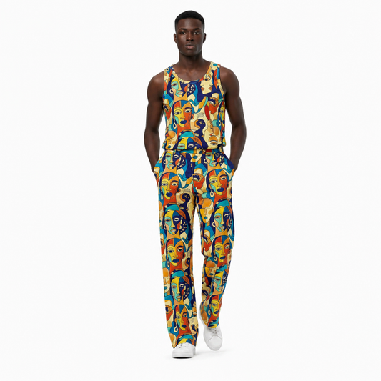 Lifestyle styling image featuring ASAKE-OGE streetwear pants and Afro-modern fashion