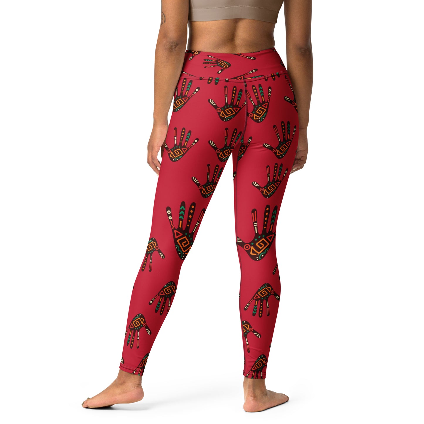 Back view of woman wearing Duro Crimson Tribal Palm Print Leggings